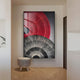 A modern hallway with light wood flooring features Giant Sculptures Auralis Red & Black Dual Concentric Circular Cardboard Craft Wall Art and a small woven stool beneath it.