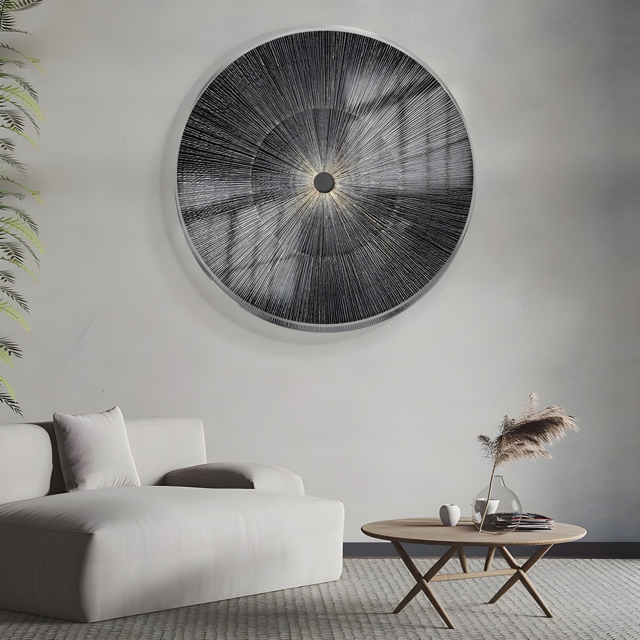 A minimalist living room features a white sofa, a round coffee table, and the Oculis Dark Monochrome Circular Handmade 3D Paper Wall Art by Giant Sculptures on a light gray wall. A leafy plant and a vase with dried grasses enhance the serene space.