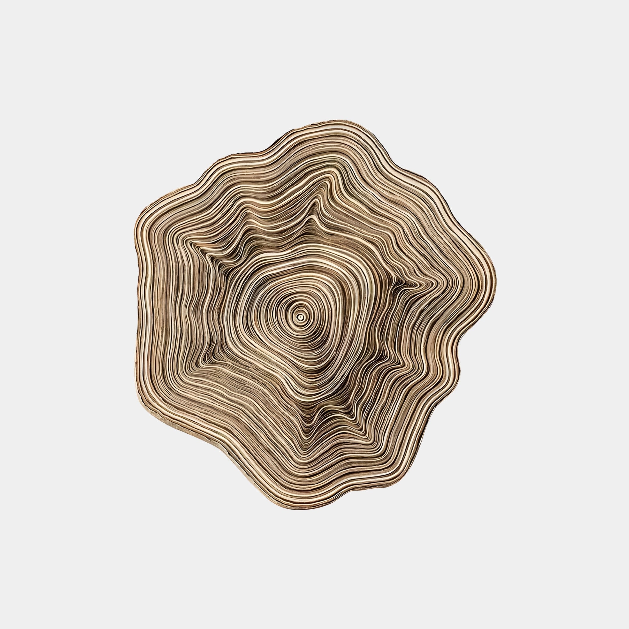 The Lignature Ring Hand-Painted Felt Paper Wall Art by Giant Sculptures features a top view of a sculpture resembling layered concentric rings in an abstract, wavy flower-like shape, with varying thickness for a textured, three-dimensional look against a plain white background.