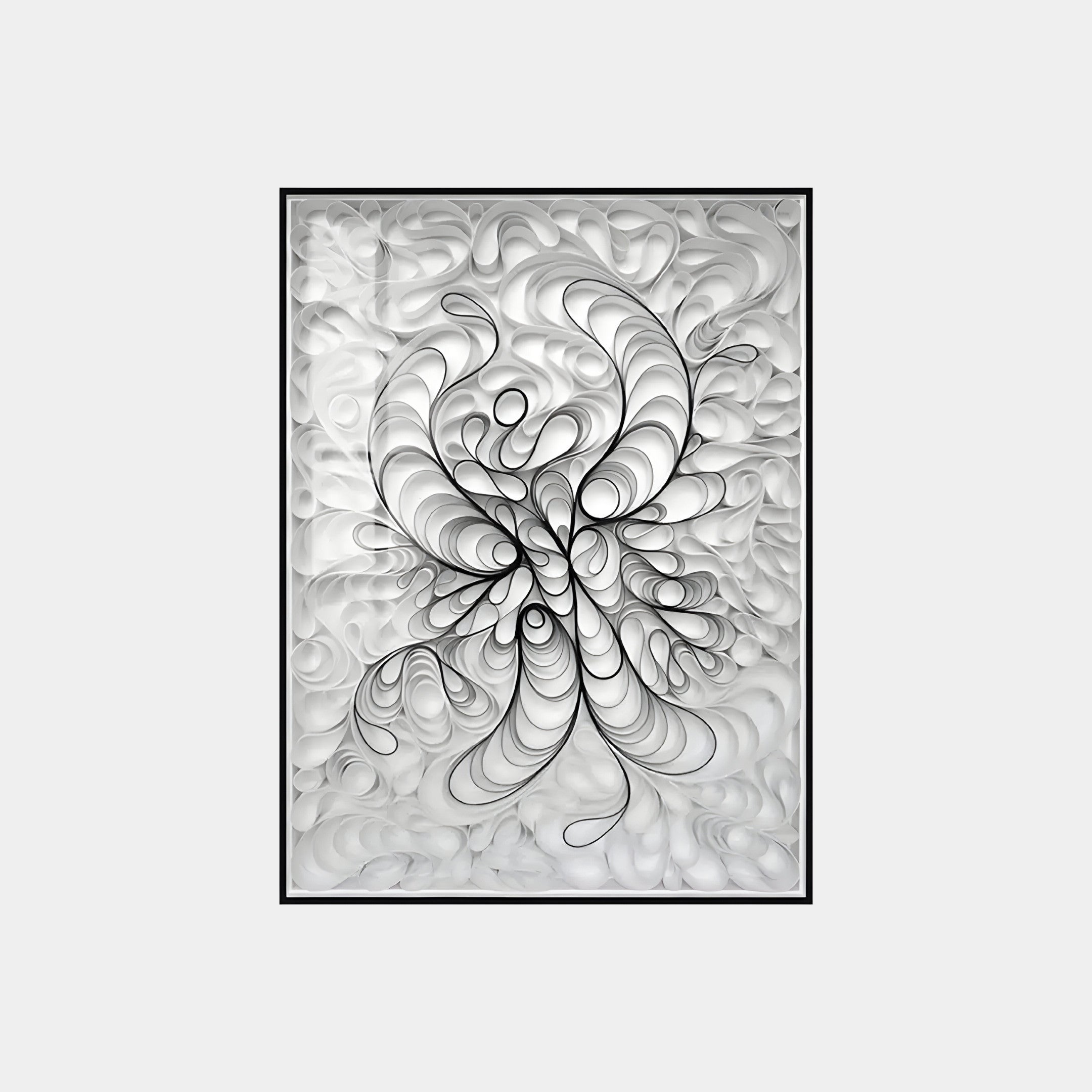 The Filigree Monochrome Swirl Quilling Paper Wall Art by Giant Sculptures showcases intricate black curves forming a complex design on a textured white background, all enclosed in a black frame for a subtle 3D effect.