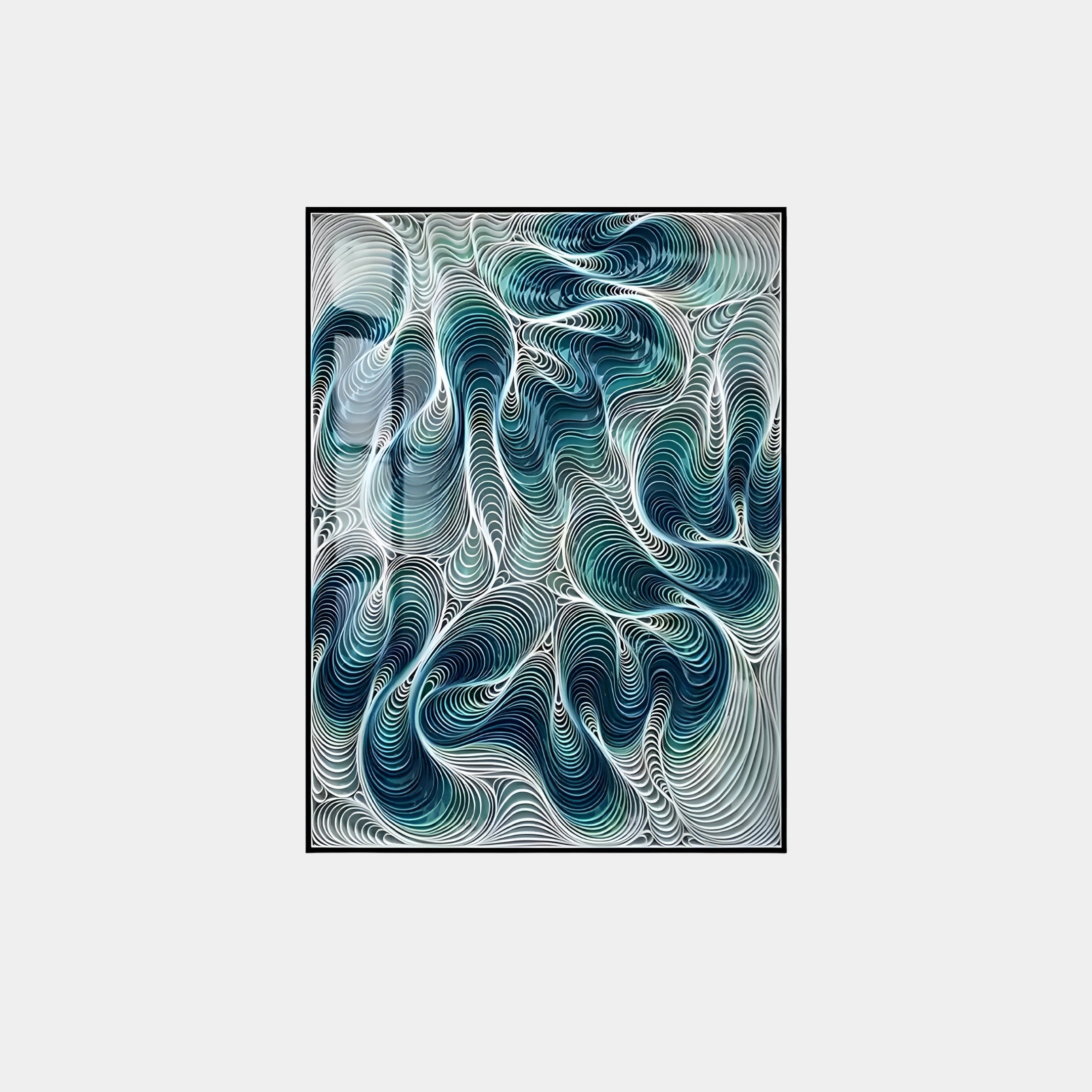 The Filigree Ocean Waves Quilling Paper Wall Art by Giant Sculptures features intricate swirling lines in teal, white, and black. The dynamic design evokes ocean waves within a rectangular frame, offering movement and depth reminiscent of coastal decor.