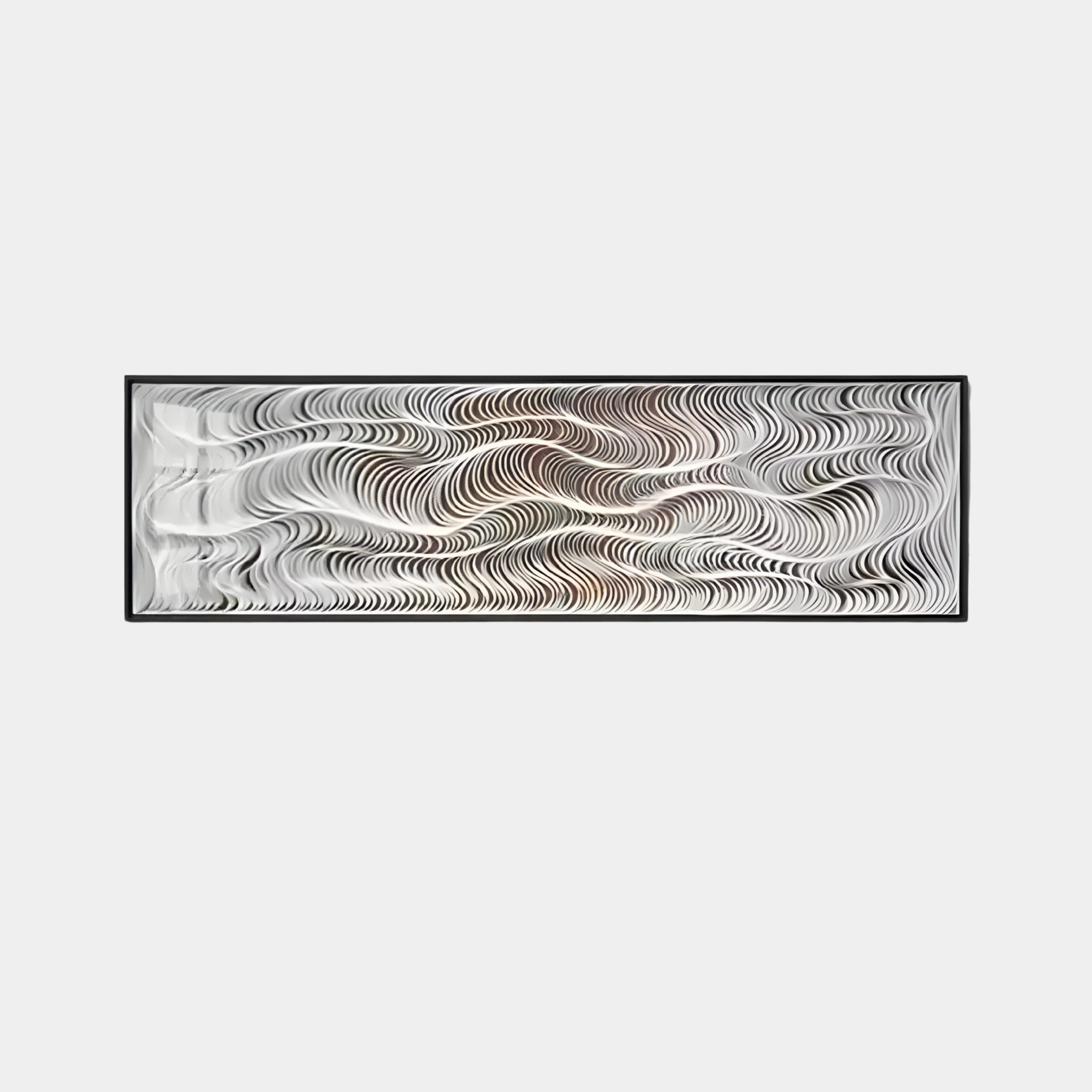 The Fluenta Golden Ripple Linear Cardboard 3D Wall Art by Giant Sculptures features wavy, parallel black lines on a white background within a black frame, creating a mesmerizing pattern. Its perfect for modern décor, adding elegance and intrigue to any space.