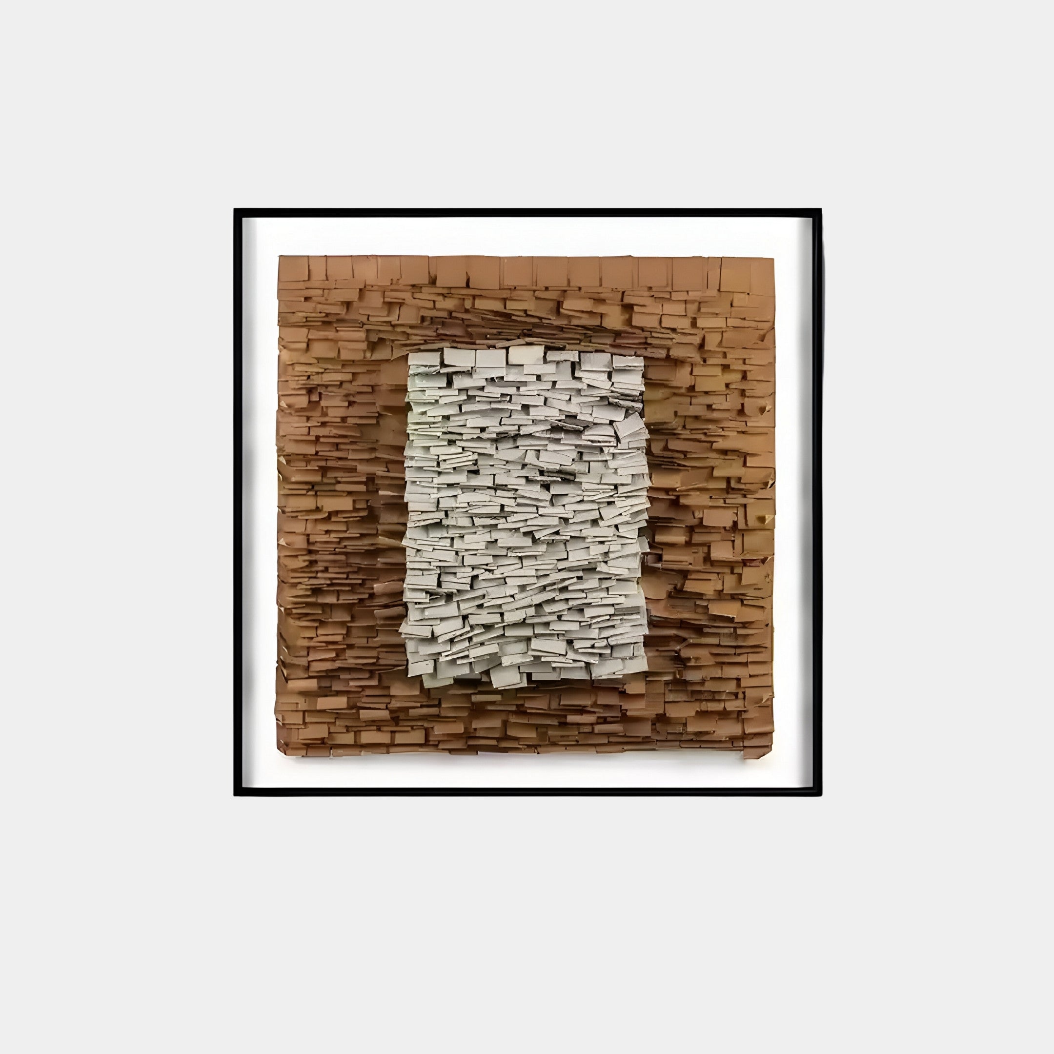 The Terracova Warm Ochre Frame Textured Cardboard Square 3D Wall Art by Giant Sculptures showcases layers of brown to white rectangular elements for a gradient effect, all set in a geometric precision and displayed on a light background.