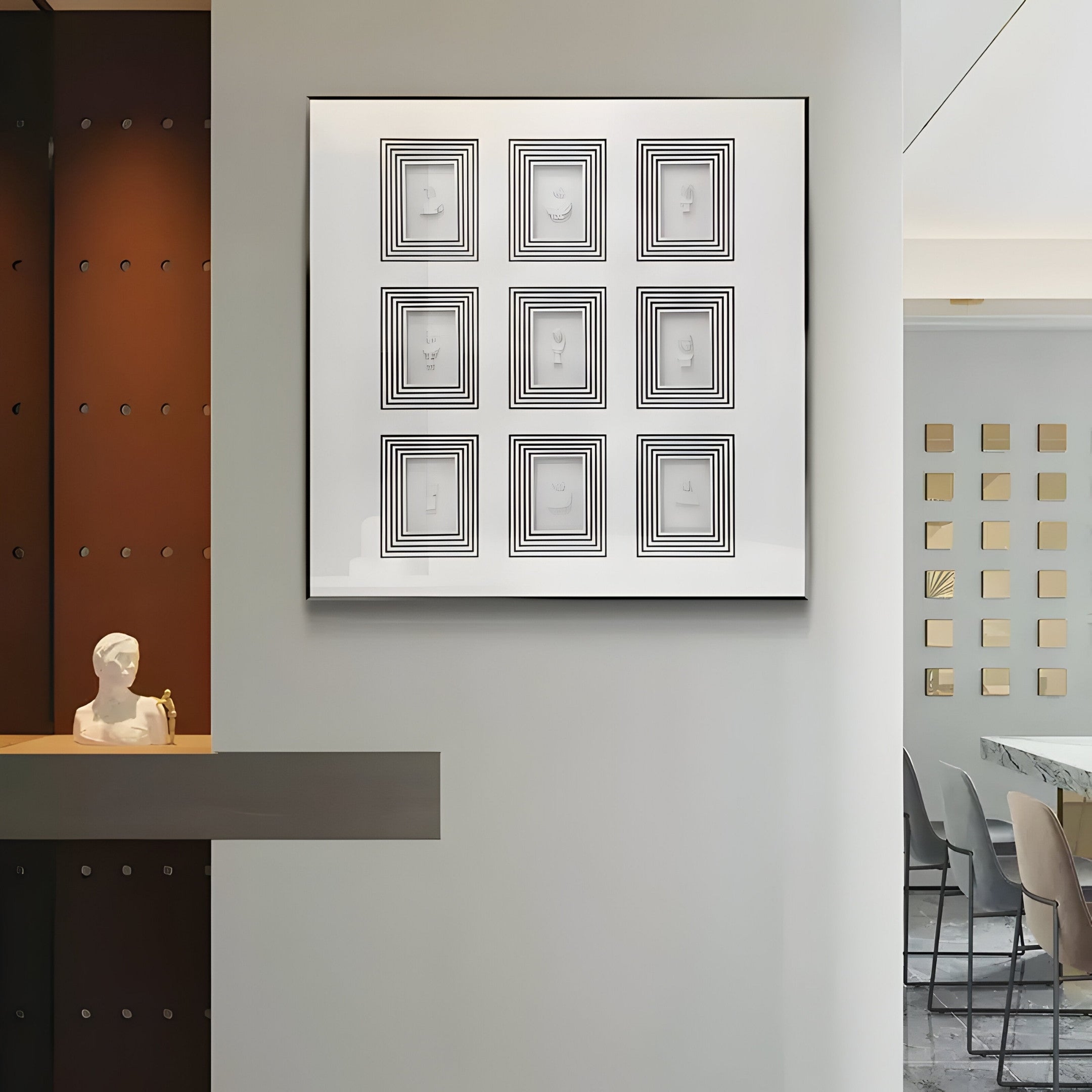 A modern interior showcases Lustella Black & White Plaster Statue Cardboard Square Wall Art by Giant Sculptures, featuring nine intricate geometric patterns. Nearby, a plaster human bust is elegantly displayed on a dark shelf with chairs lined at the dining table in the background.