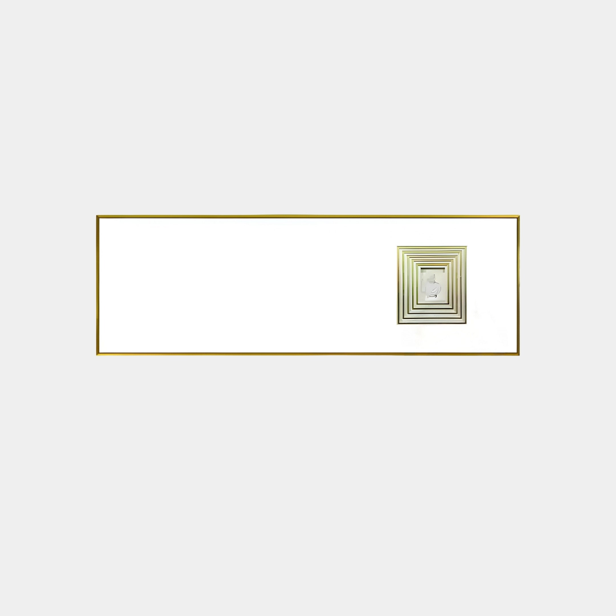 The Lustreline Golden Right by Giant Sculptures is a rectangular wall art piece featuring a minimal design with gold squares in the upper right on a white backdrop, creating an elegant layered effect.