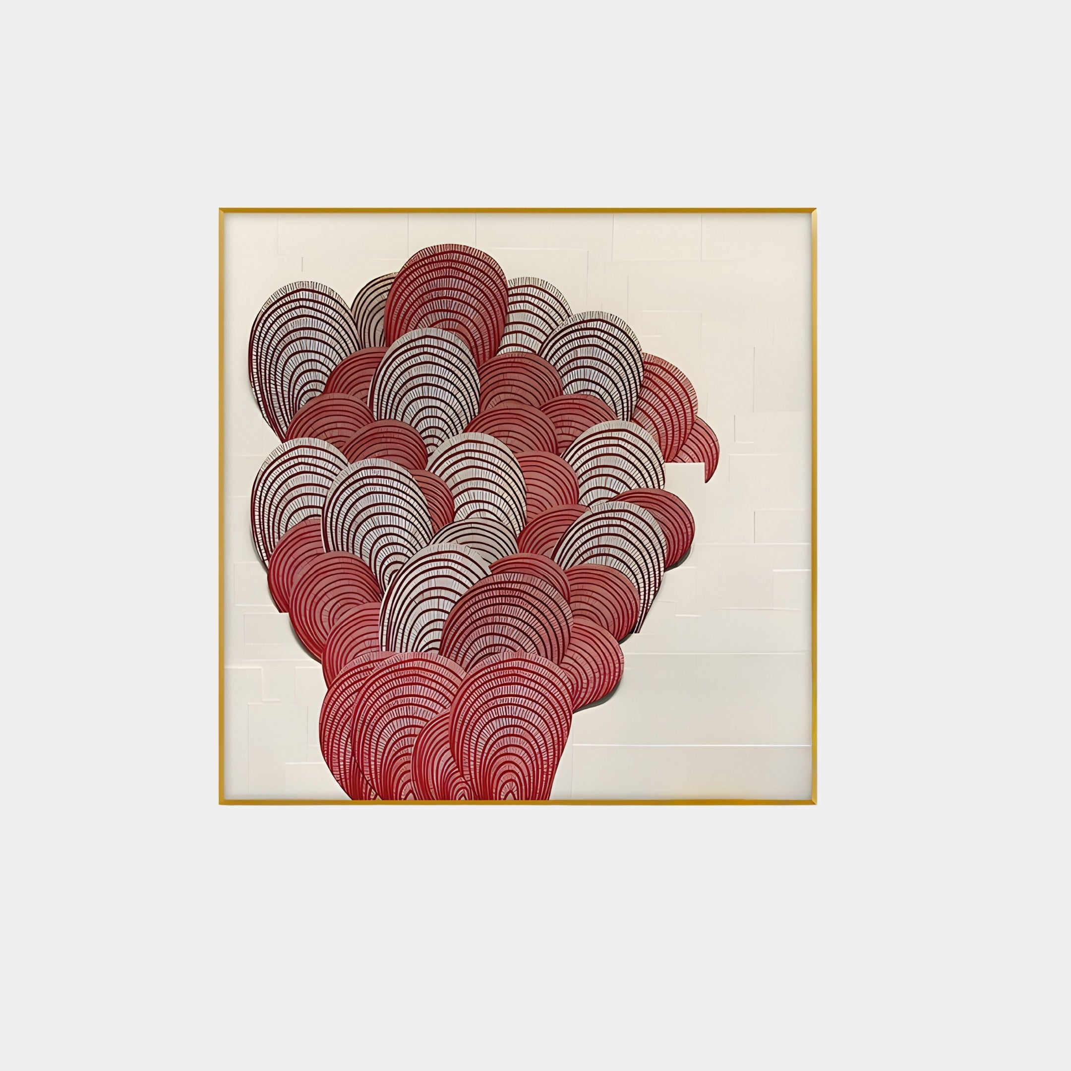 The Rosette I Vibrant Red Circular Pattern Wall Art by Giant Sculptures features a framed abstract artwork with a fortune theme, showcasing overlapping red and black semi-circular shapes on beige. The cascading arrangement creates a mesmerizing red circular pattern with a subtle 3D effect.