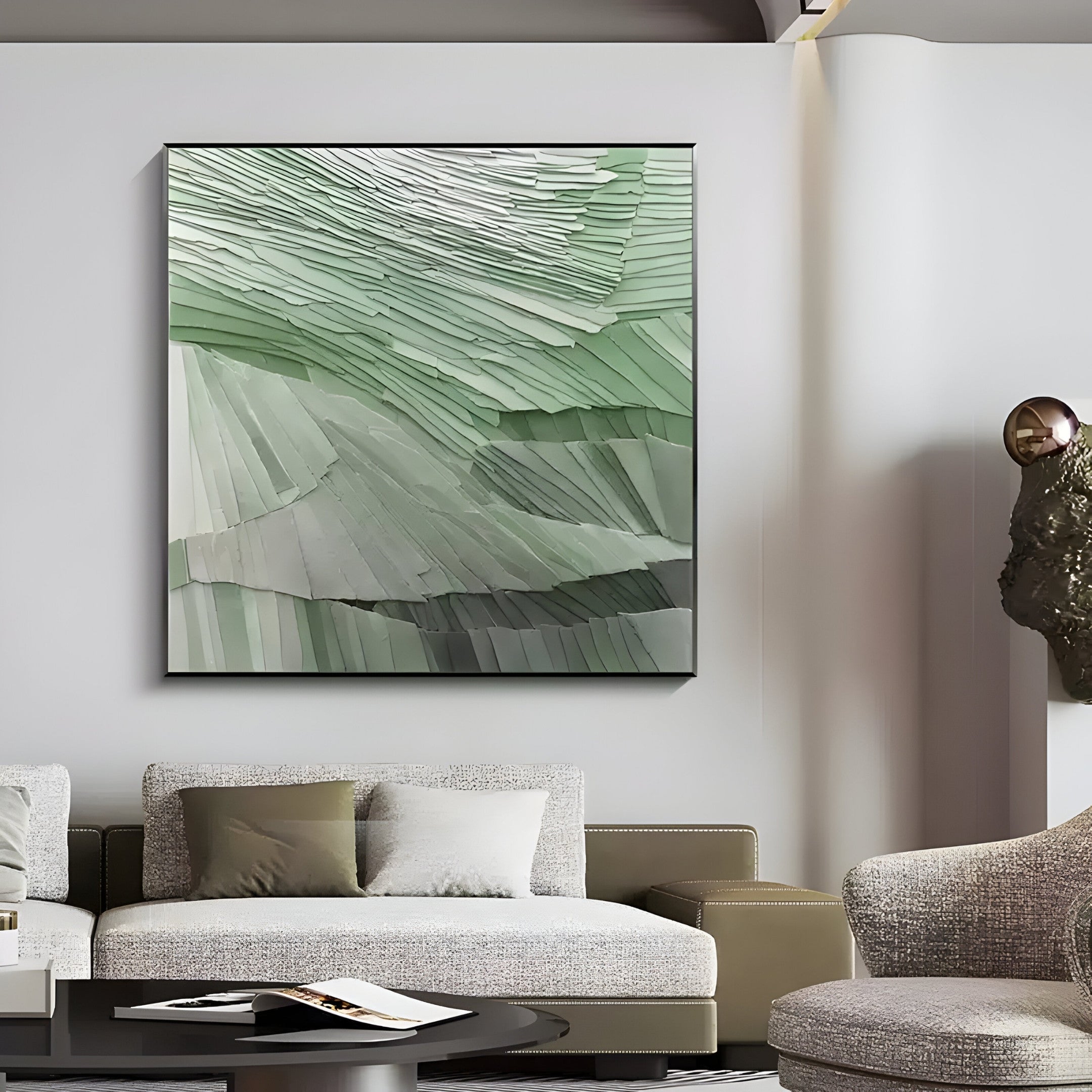 A contemporary living room features the Terrane Fresh Green Layered Abstract Wall Art by Giant Sculptures above a modern sofa, complemented by a round black coffee table and a stylish chair, creating nature-inspired elegance and minimalist decor.