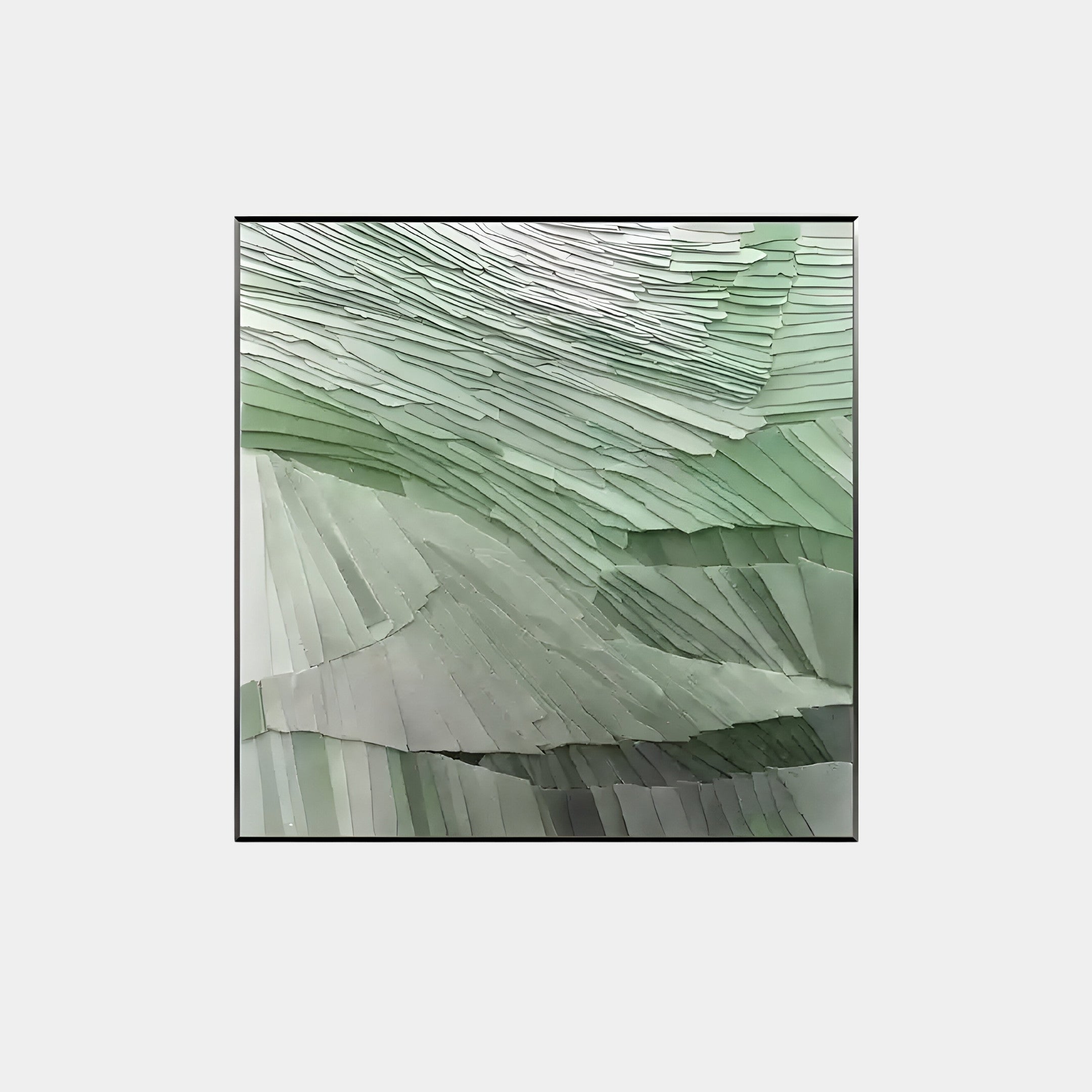 The Terrane Fresh Green Layered Abstract Wall Art by Giant Sculptures features a Wabi-sabi-inspired, textured landscape with hand-painted, three-dimensional layers in shades of green, creating a flowing, organic pattern from light to dark.