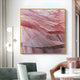 The living room features the Terrane Graceful Pink Layered Abstract Wall Art by Giant Sculptures. It includes a chic lamp, round table, and muted plush chairs, exuding serene Wabi-sabi-inspired elegance.