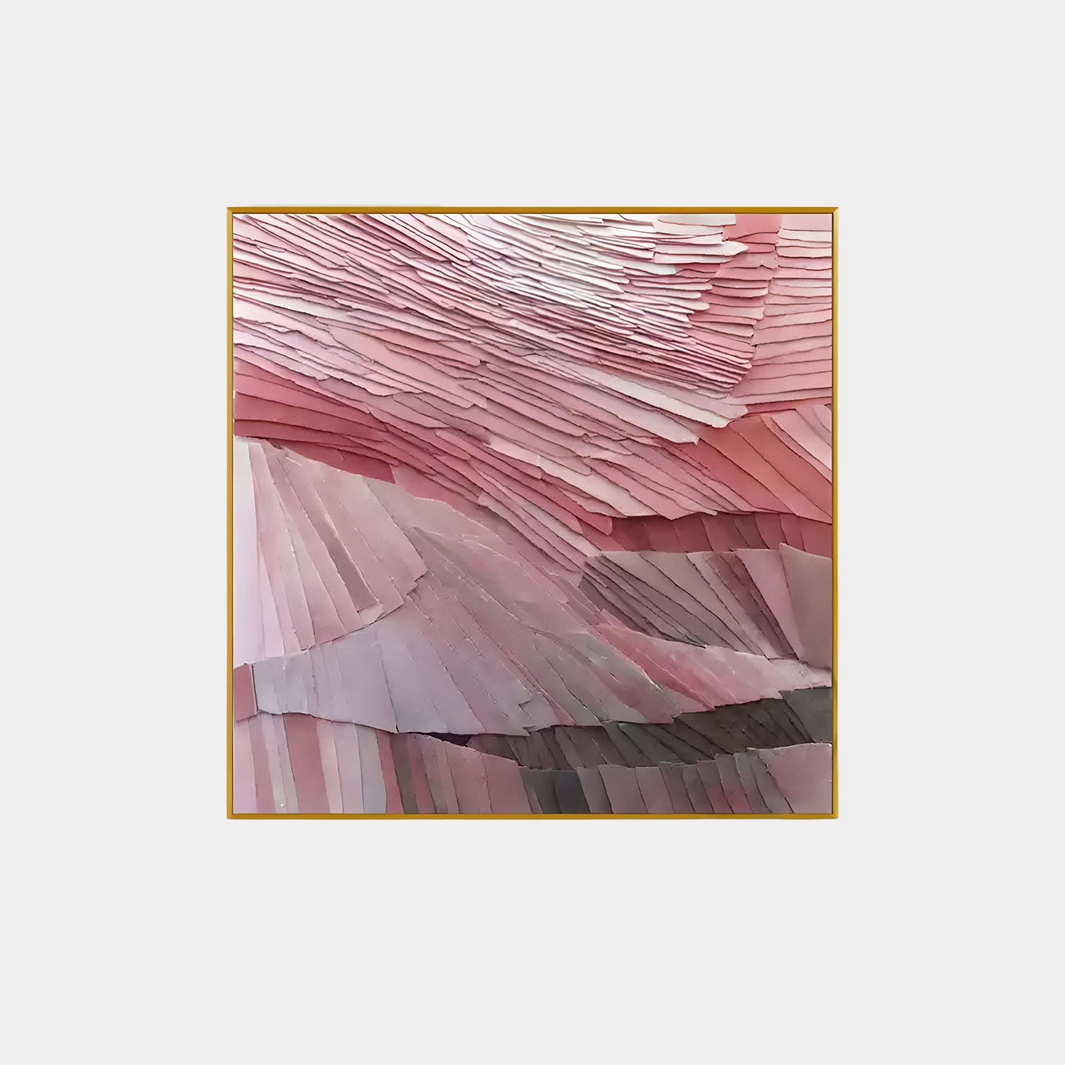 The Terrane Graceful Pink Layered Abstract Wall Art by Giant Sculptures features a dimensional design with textured strips in pink, mauve, and gray. Inspired by wabi-sabi aesthetics, it resembles gentle waves or landscapes and offers a dynamic, flowing appearance.