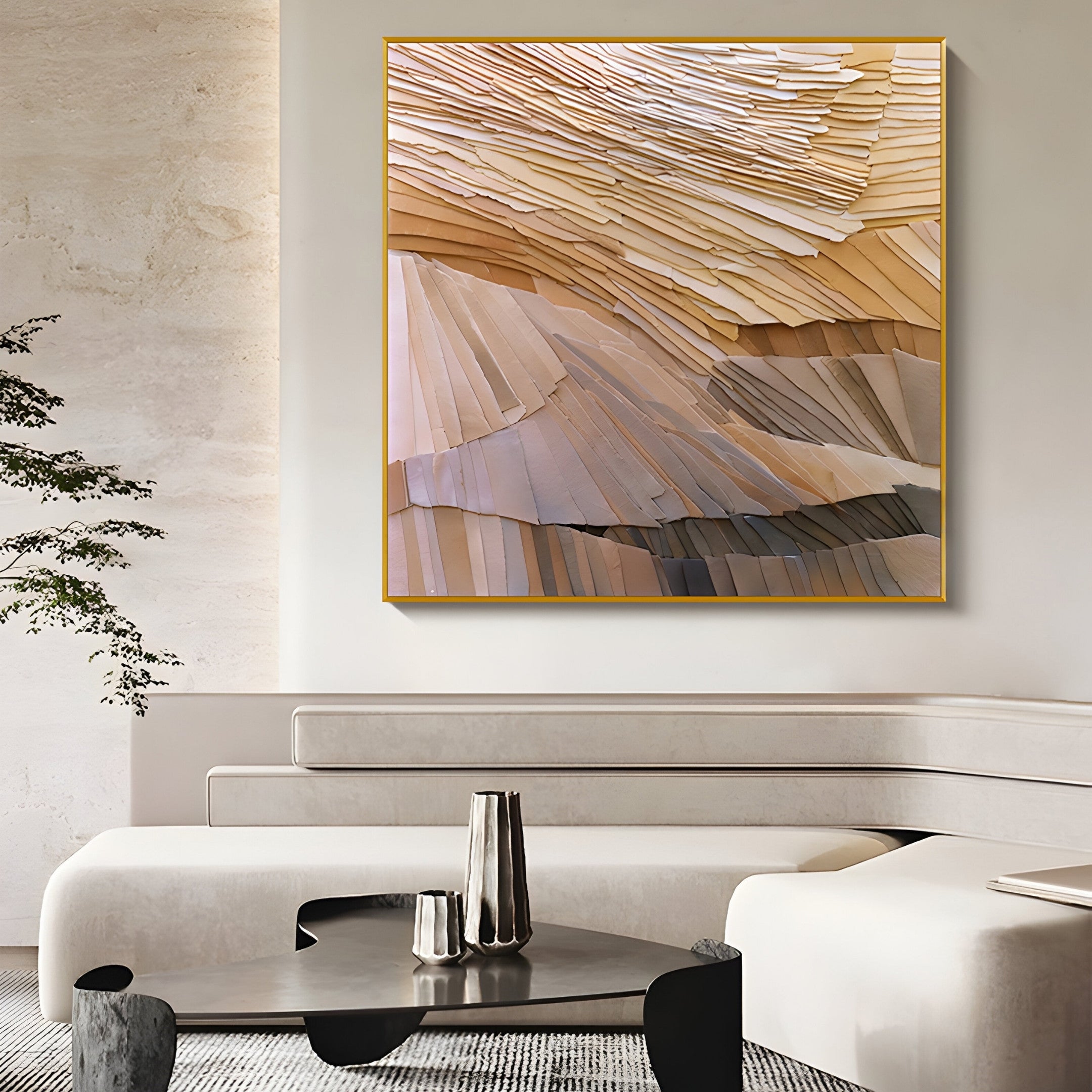 A modern living room features a minimalist sofa and coffee table, with the wall showcasing the Terrane Timeless Beige Layered Abstract Wall Art by Giant Sculptures. Its textured materials exude Wabi-Sabi aesthetics, resembling a serene landscape.