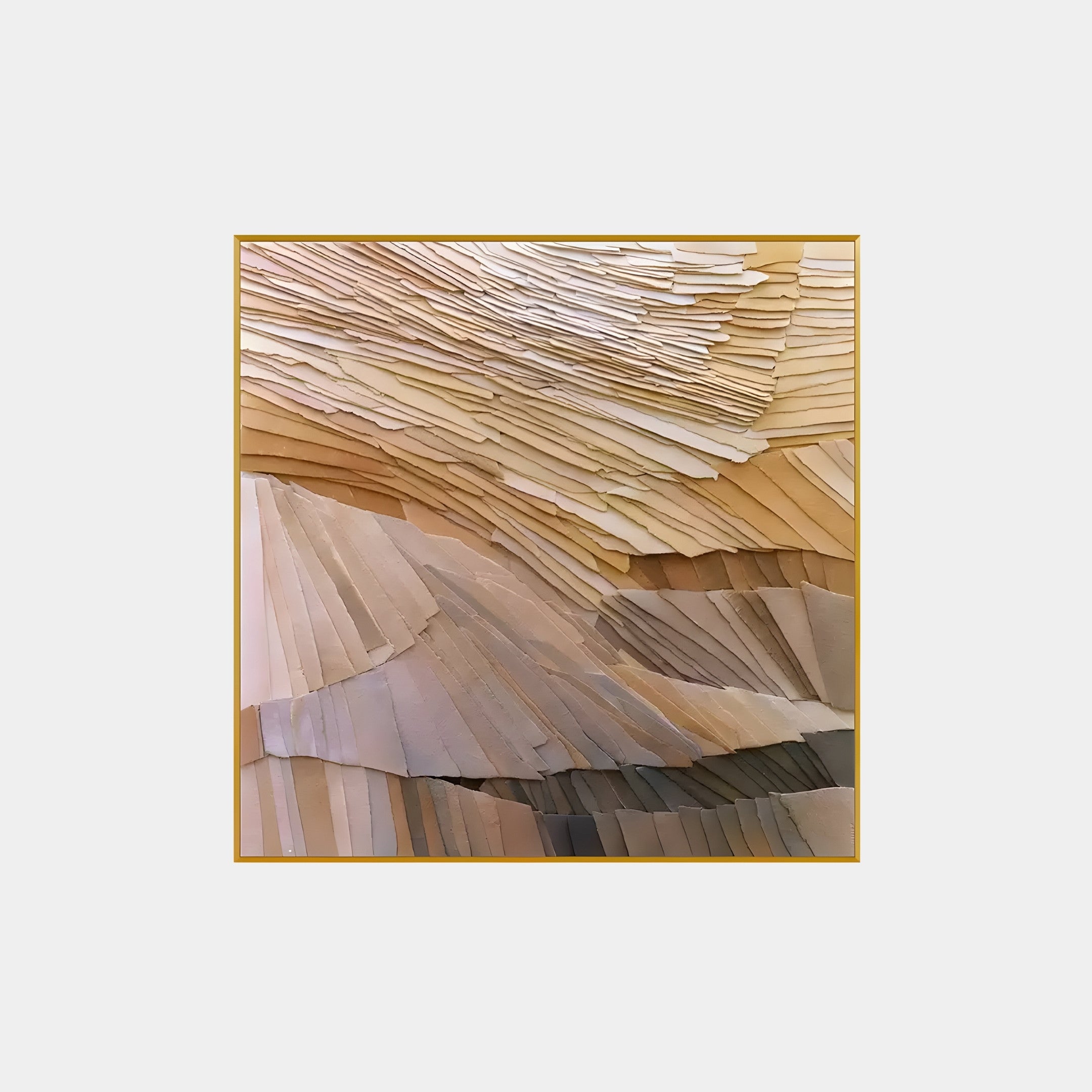 The Terrane Timeless Beige Layered Abstract Wall Art by Giant Sculptures features three-dimensional paper art in beige, tan, and brown layers. Its textured wavy pattern evokes a Wabi-Sabi-inspired landscape and comes elegantly framed with a simple thin border.