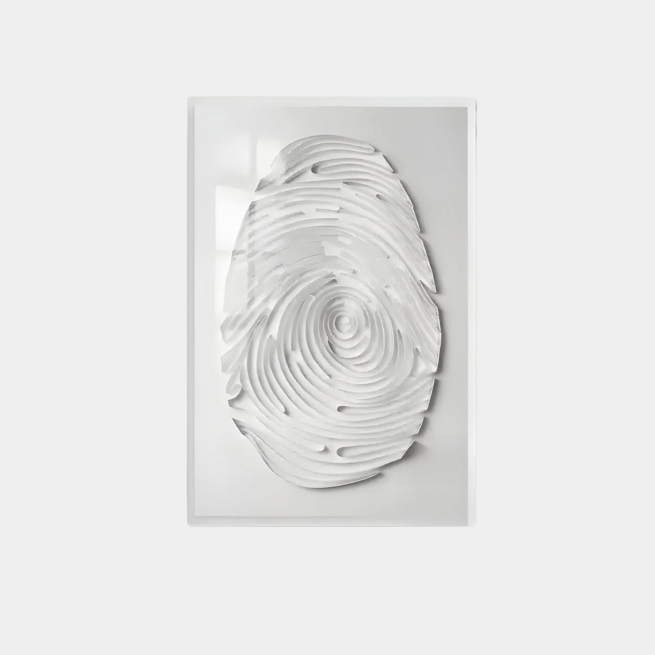 The Imprint White Fingerprint Personalised Abstract Wall Art by Giant Sculptures features a large, white textured fingerprint on a subtle background. Its intricate grooves and ridges create a 3D effect, adding customisable elegance to your space.