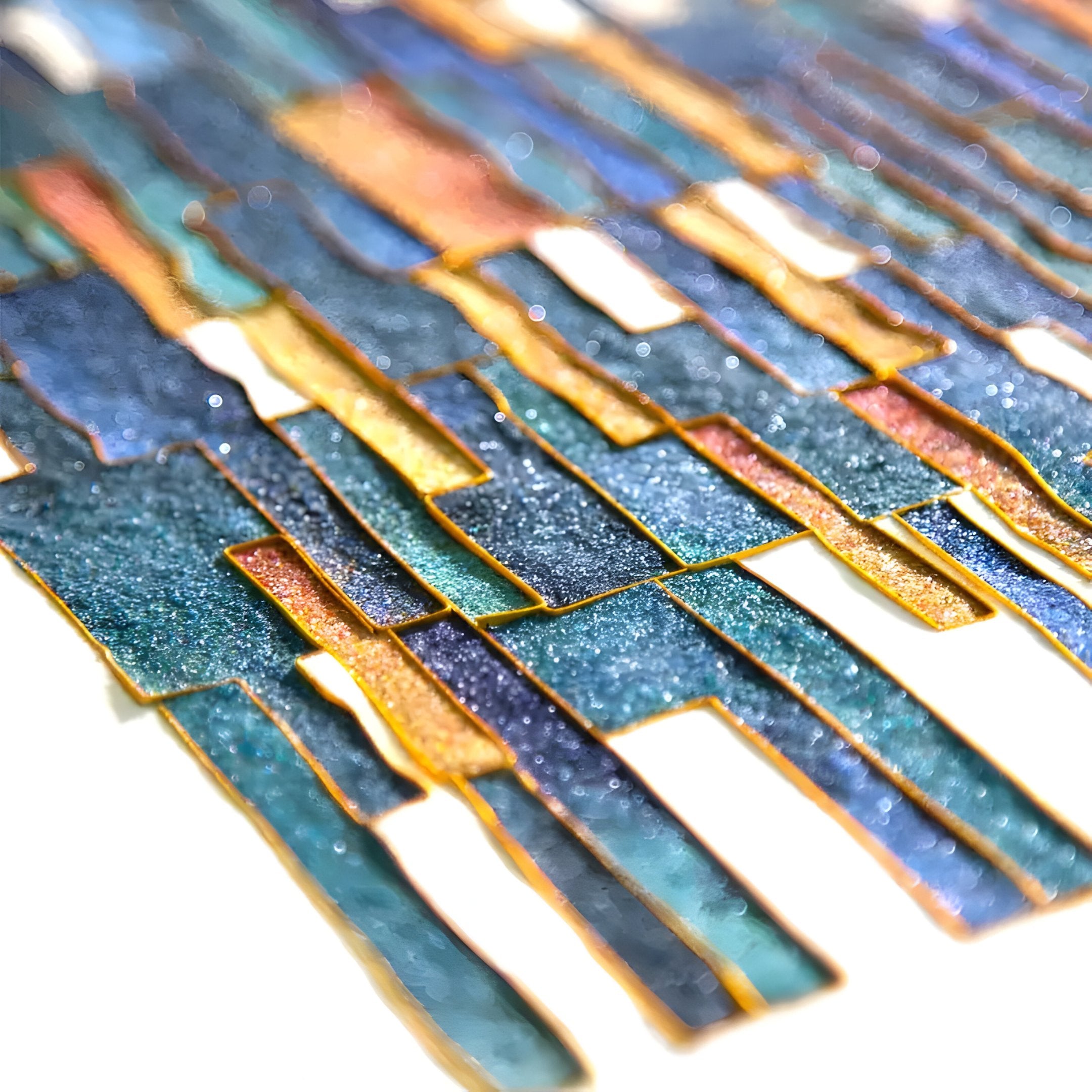 The Giant Sculptures Timewave Multicoloured Abstract Lines Enamel Wall Art features elongated, overlapping shapes in blue, gold, and copper on a white background. Its textured surface reflects light for a shimmering effect, creating a dynamic mosaic appearance.