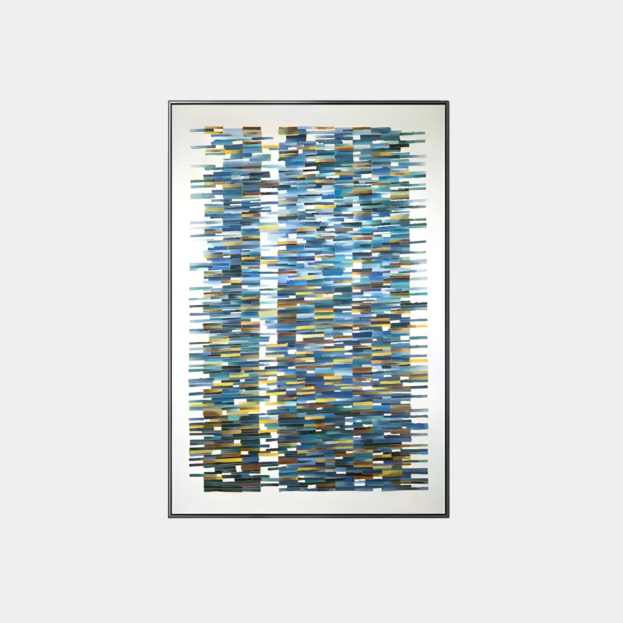 The Timewave Vibrant Geometric Patterned Enamel Wall Art by Giant Sculptures features horizontal, multicolored rectangular strips in two columns. Its vibrant blue to brown palette and textured, mosaic-like finish showcase modern craftsmanship.