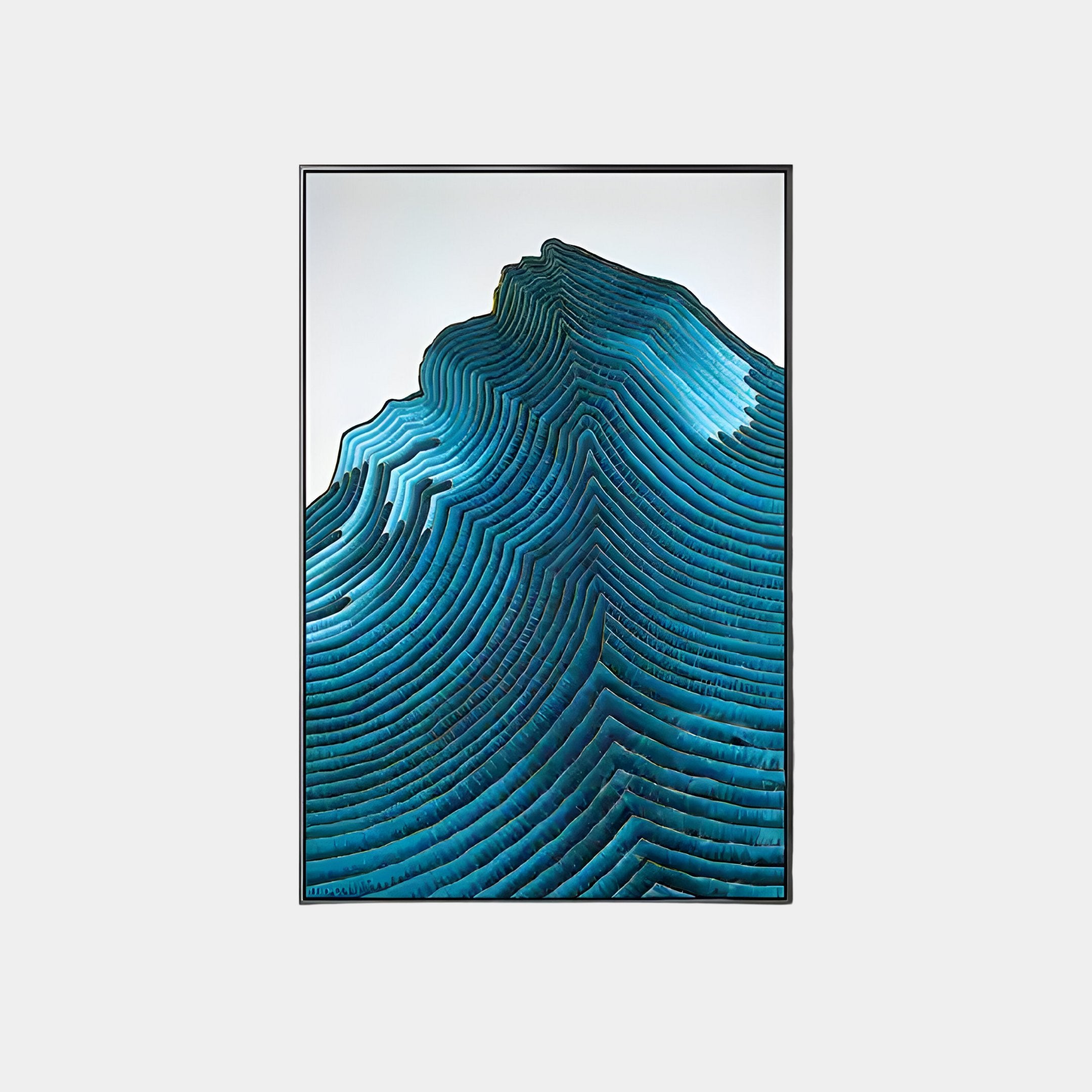 Ripplewave I Abstract Blue Decorative Enamel Wall Art by Giant Sculptures features a mountain-like structure with blue-layered contours on a light gray background, adding depth and height, ideal for modern interiors.