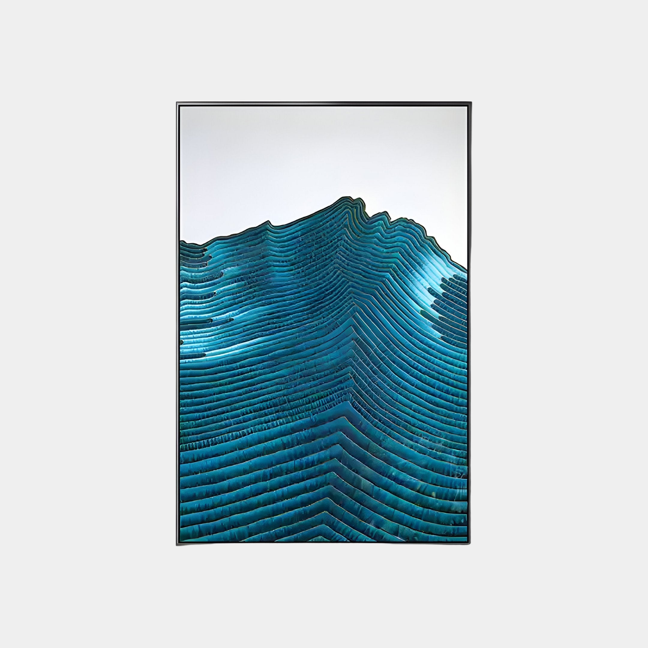 The Ripplewave III Abstract Blue Decorative Enamel Wall Art by Giant Sculptures showcases layered blue and green shades, mimicking topographical map lines on a light background and echoing the intricate detailing of cloisonné enamel art.