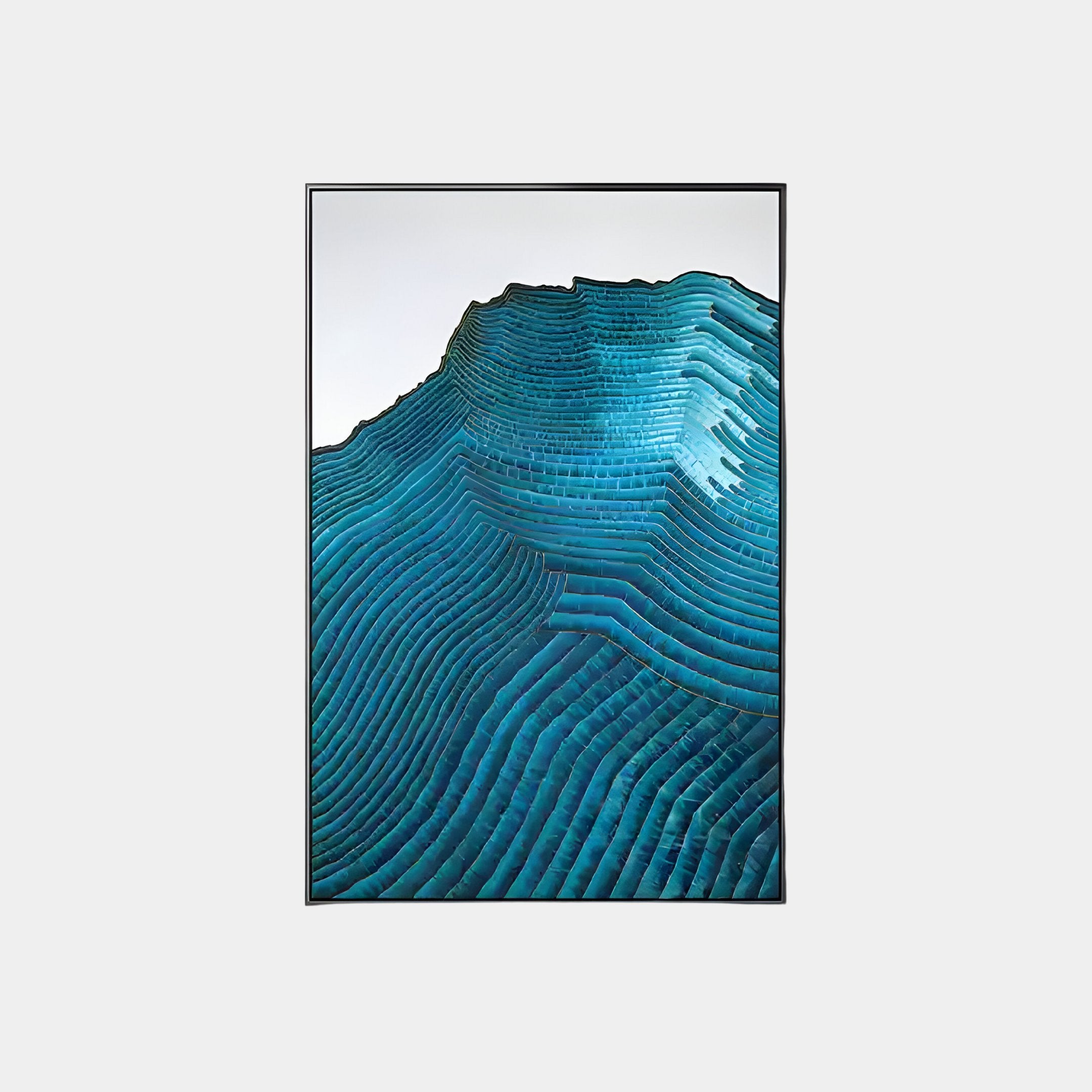 Ripplewave IV Abstract Blue Decorative Enamel Wall Art by Giant Sculptures features translucent teal layers resembling a topographic map, ideal for contemporary interiors with a wave-like effect transitioning between lighter and darker teal shades.