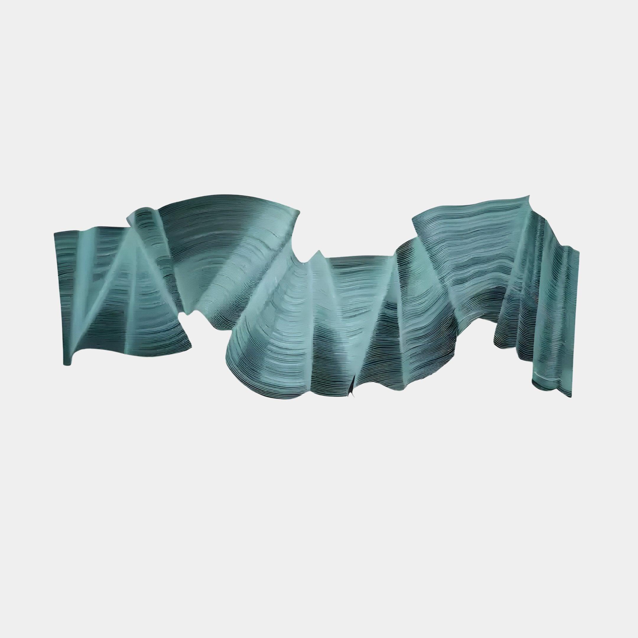 The Rollscape Aqua Cascade Enamel Decorative Wall Art by Giant Sculptures embodies modern craftsmanship with its wavy, folded structure in teal shades, resembling flowing fabric or paper. Its dynamic sculpture-like form contrasts beautifully against a plain white background for an exquisite decorative touch.