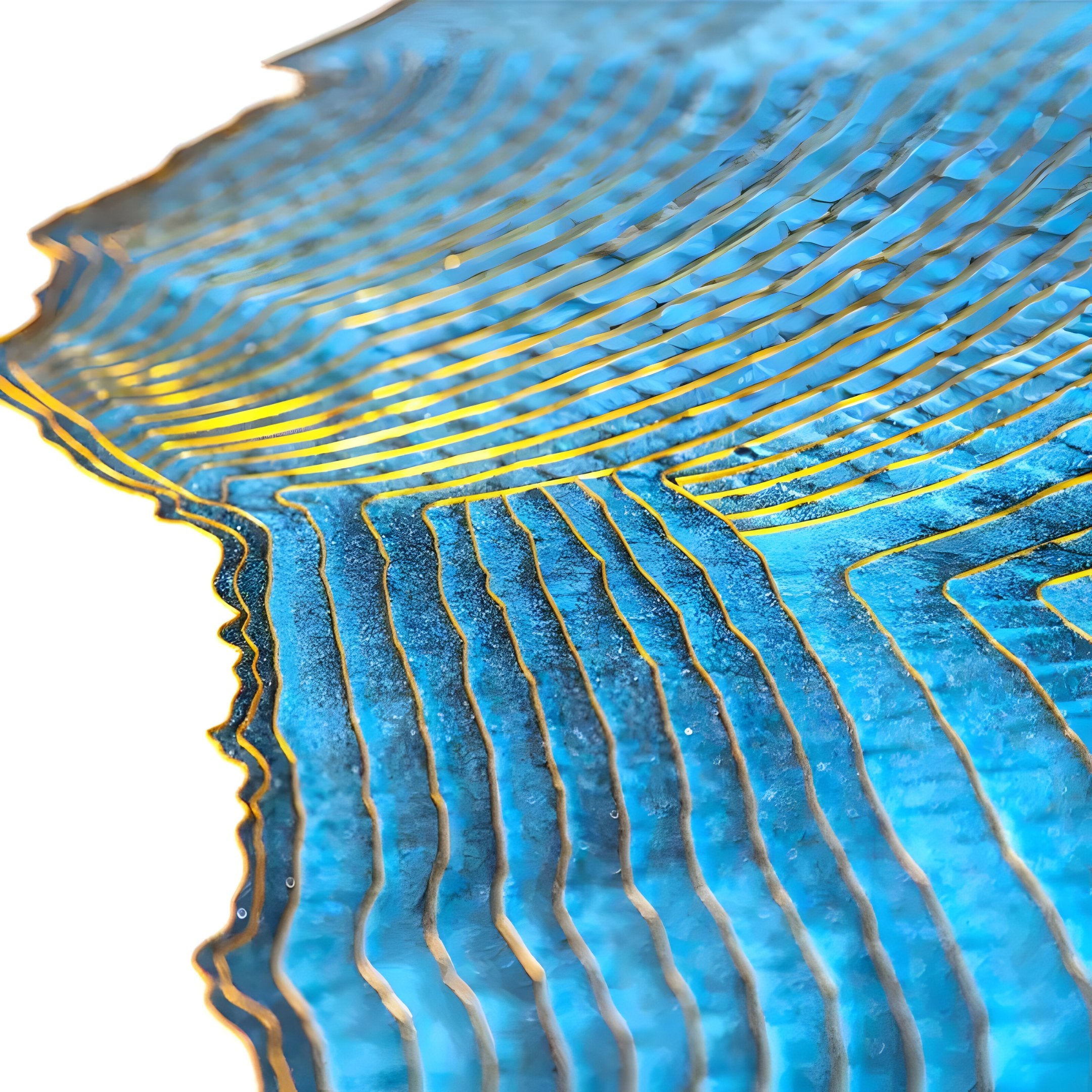 The textured surface, with wavy gold-accented lines on a vibrant blue background, resembles Giant Sculptures’ Auric II Blue Wave Abstract Copper Wire Enamel Round Wall Art, featuring shimmering effects from light reflecting off its metallic elements.