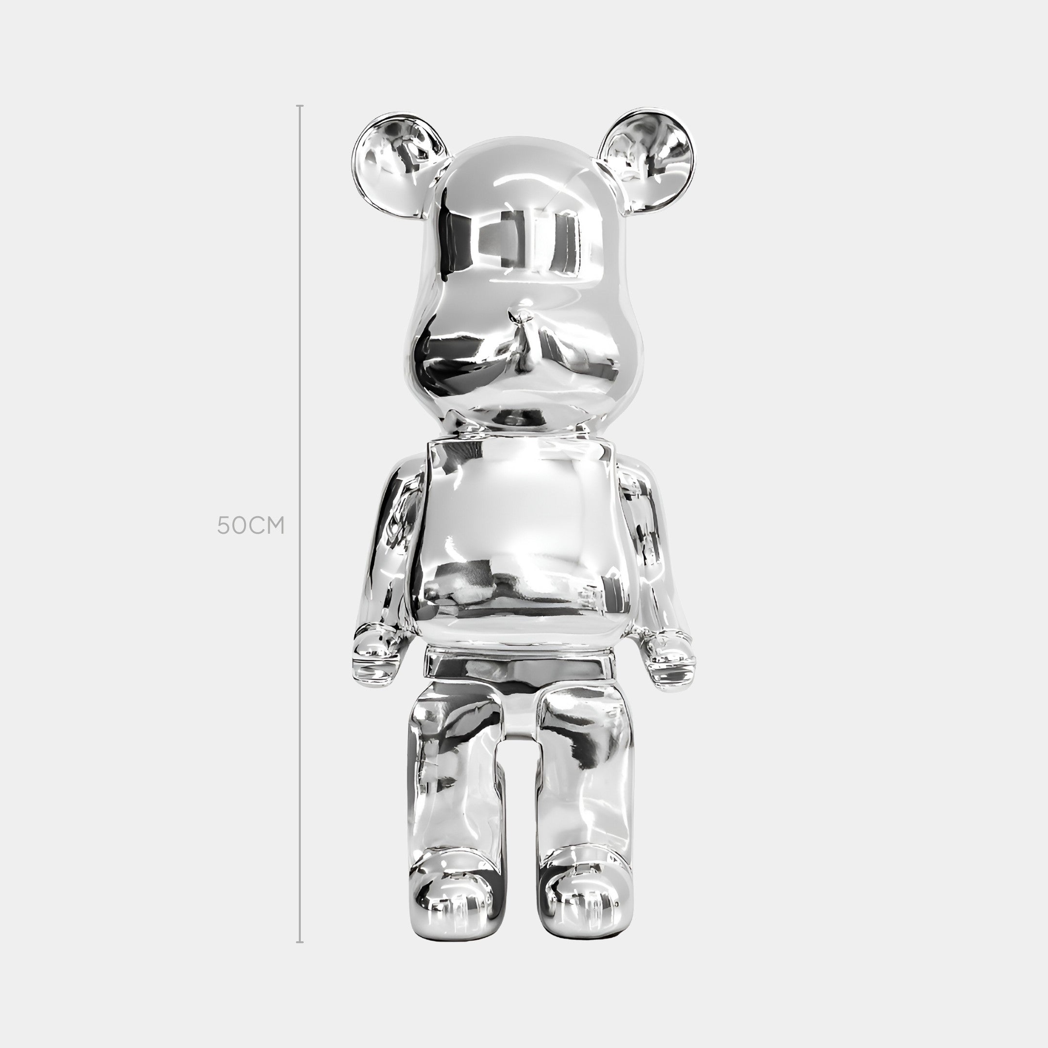 50cm Mystic Chrome bear sculpture featuring a reflective silver mirror-like finish, front view.