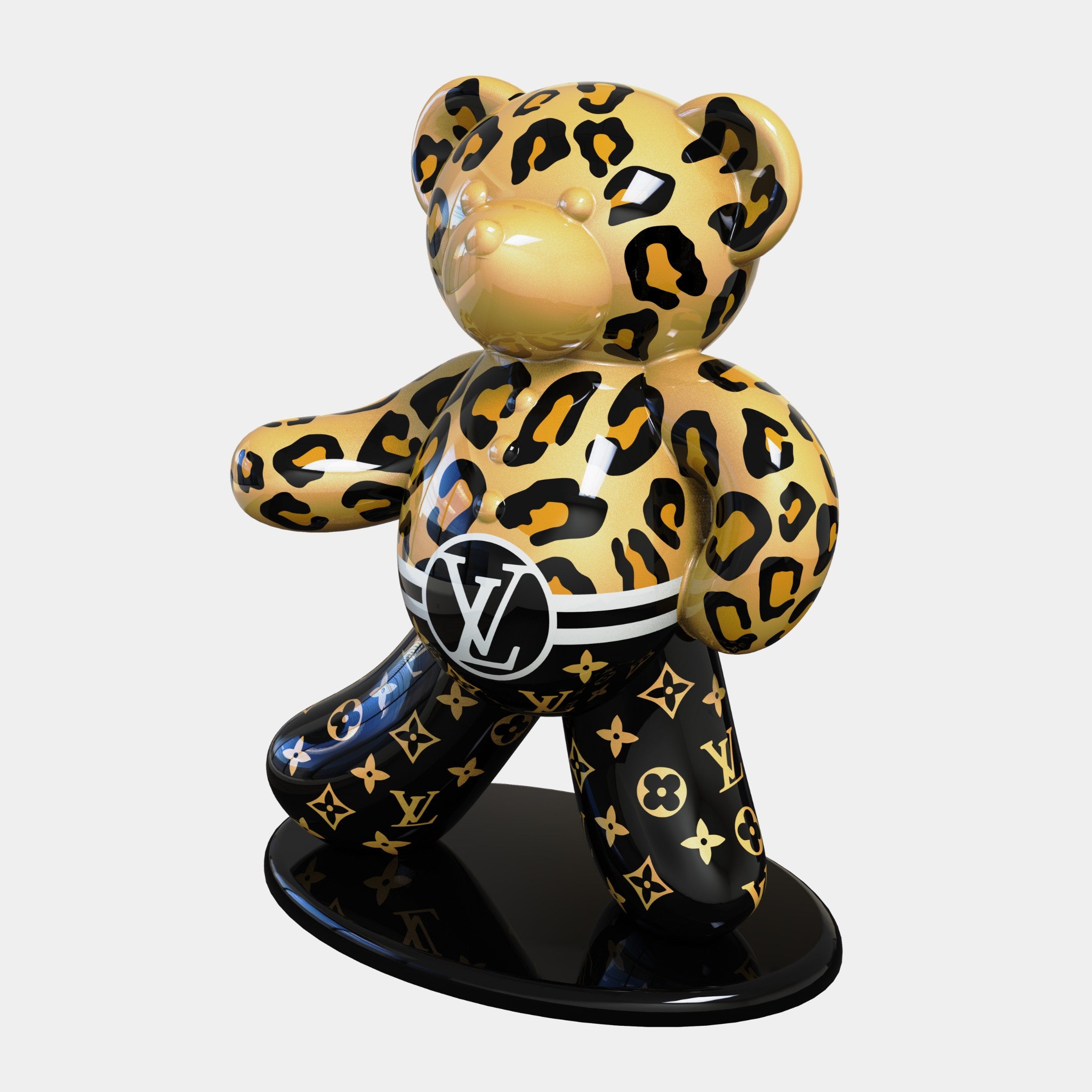 The Gacko Feline Bear Sculpture - 165cm from Giant Sculptures is a limited edition art piece featuring a glossy leopard print in yellow, orange, and black. It boasts pop art flair with a black belt adorned with gold LV initials and stands on a sleek black oval base.