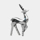 Polished stainless steel deer sculpture with reflective surfaces and sleek geometric shapes.