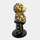 Introducing the Gacko Feline Bear Sculpture - 165cm by Giant Sculptures, featuring a glossy pop art style with a leopard print head and upper body. Its black legs display a golden designer-inspired pattern, and it stands on a round black base against a white background. Limited edition piece.