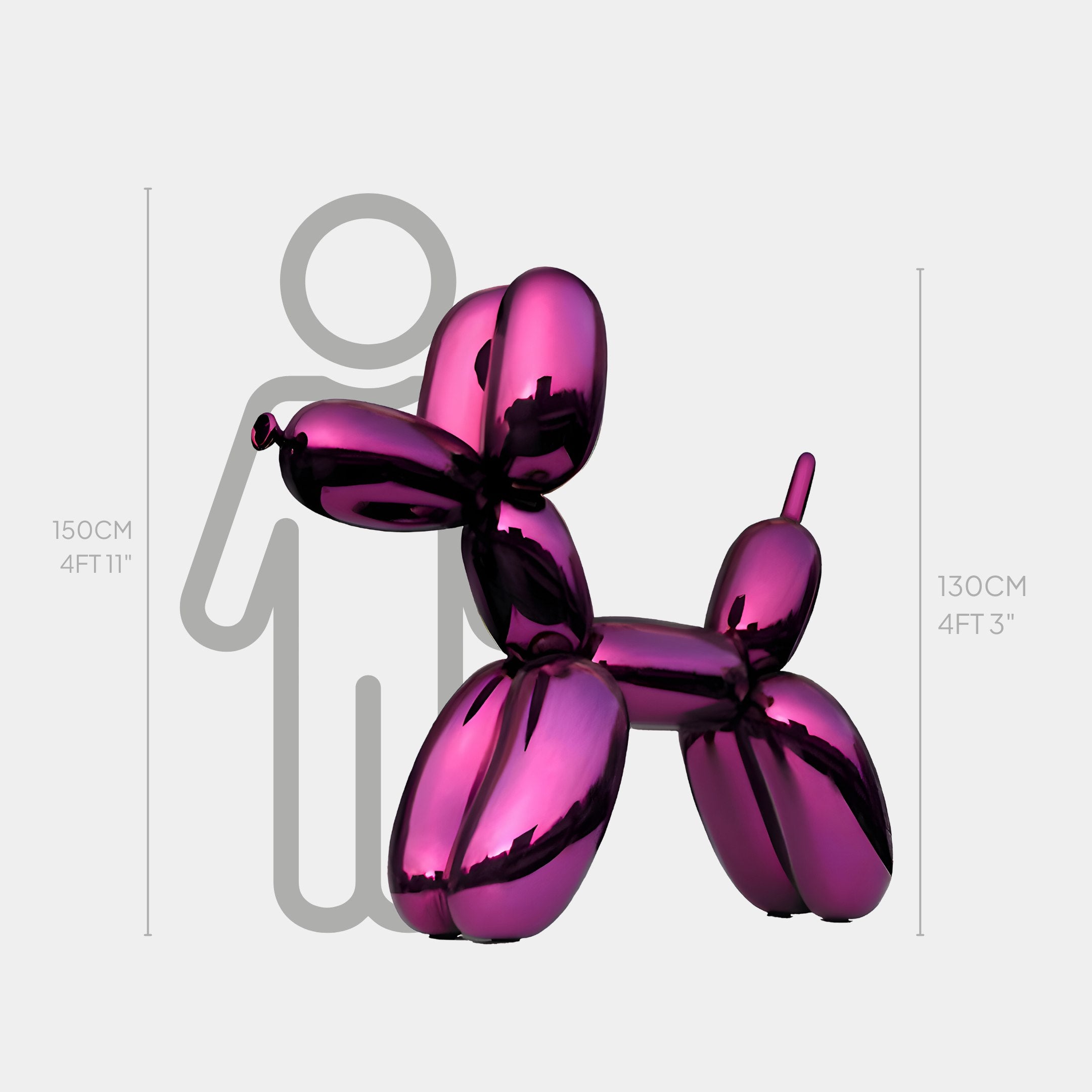 The Phantom Purple Balloon Dog Sculpture by Giant Sculptures, standing at 130 cm (4 ft 3 in), embodies bold modern art creativity, juxtaposed with a 150 cm (4 ft 11 in) silhouette for scale.