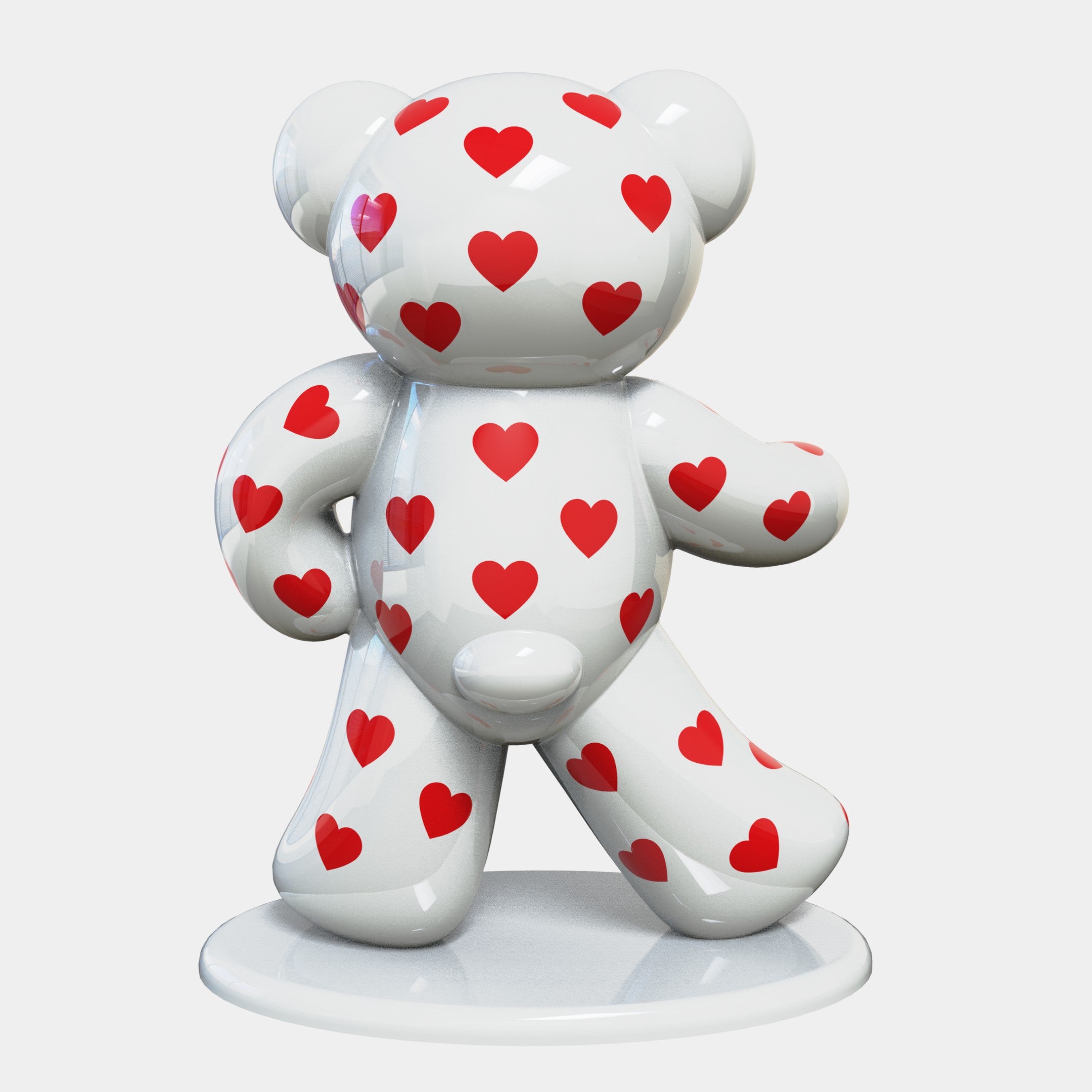 This limited edition Gacko Keith Haring White Bear Sculpture by Giant Sculptures stands 165cm tall on a round base. Adorned with vibrant red heart patterns, it echoes Keith Harings iconic style in glossy white, with one arm extended, capturing a smooth and shiny Pop Art allure.