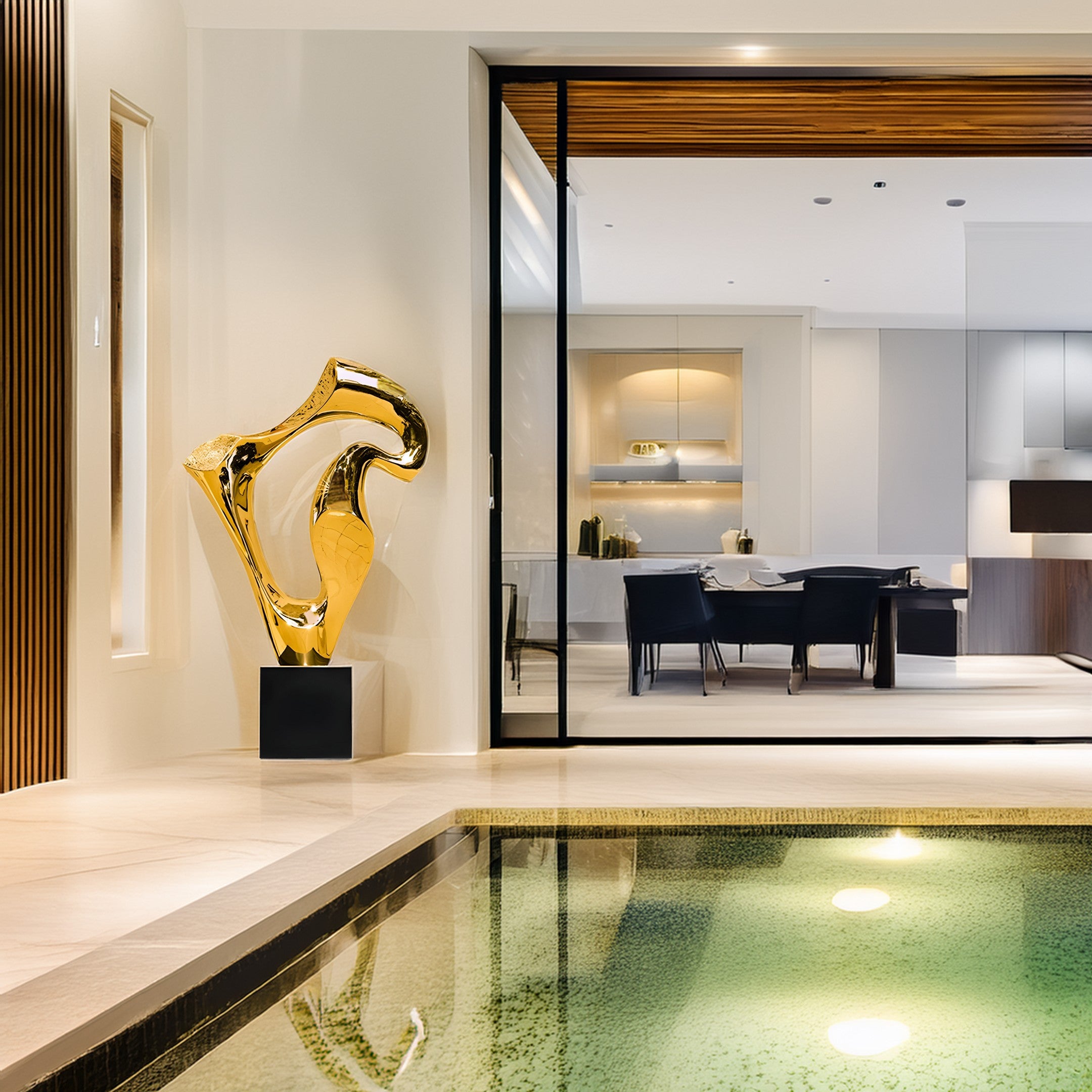 Gold organic abstract sculpture styled in a luxurious home near a serene pool, reflecting the elegance of its surroundings.