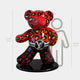 The Gacko Red Feline Bear Sculpture - 165cm by Giant Sculptures is a pop art marvel with a shiny, oversized bear adorned in red leopard print and iconic Louis Vuitton patterns. It stands on a black base beside a gray outline with height markers for scale.