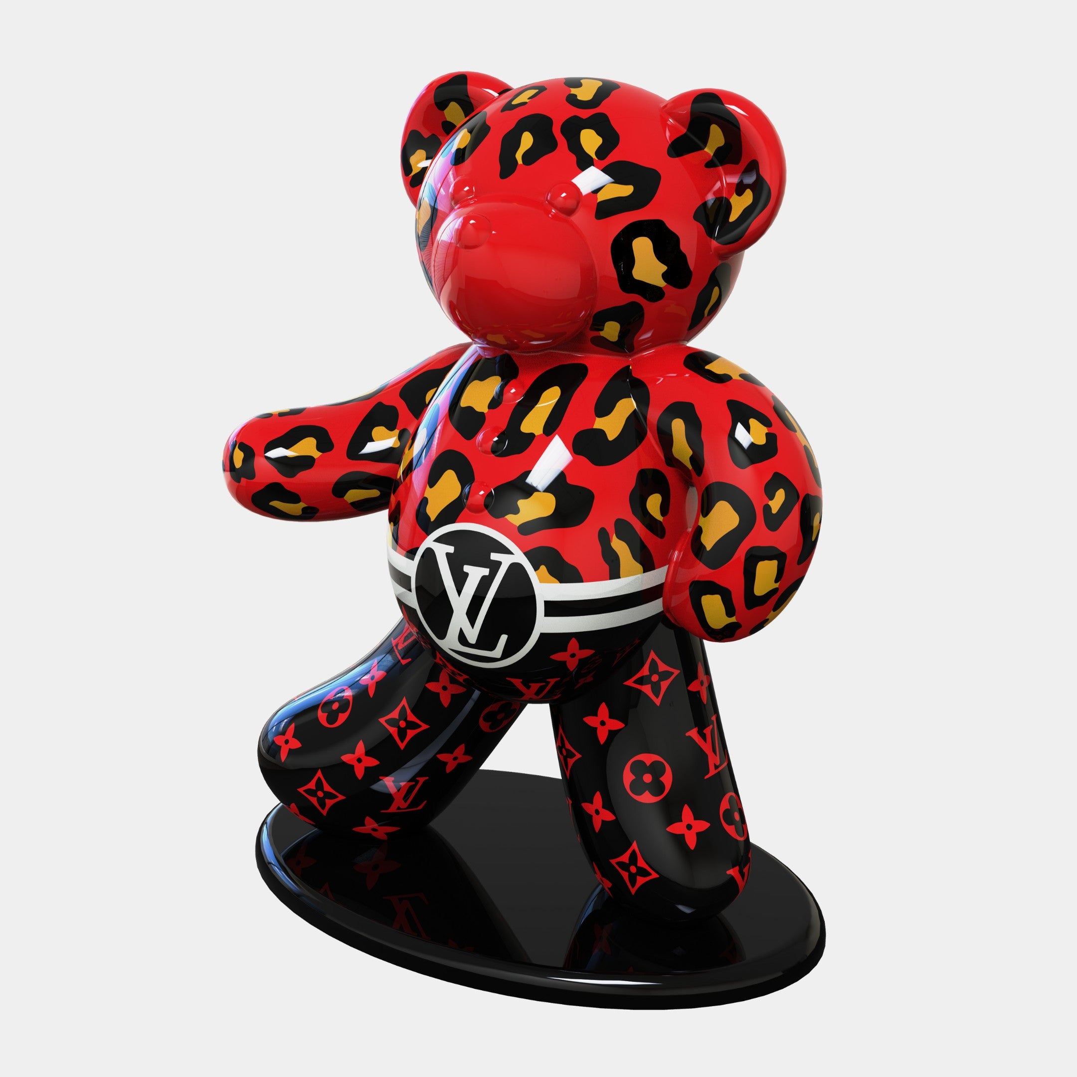 Introducing the limited edition Gacko Red Feline Bear Sculpture by Giant Sculptures, a glossy red and black figurine with leopard print and logo motif. This 165cm pop art piece stands on a black oval base, featuring a playful pose sure to captivate any collector.