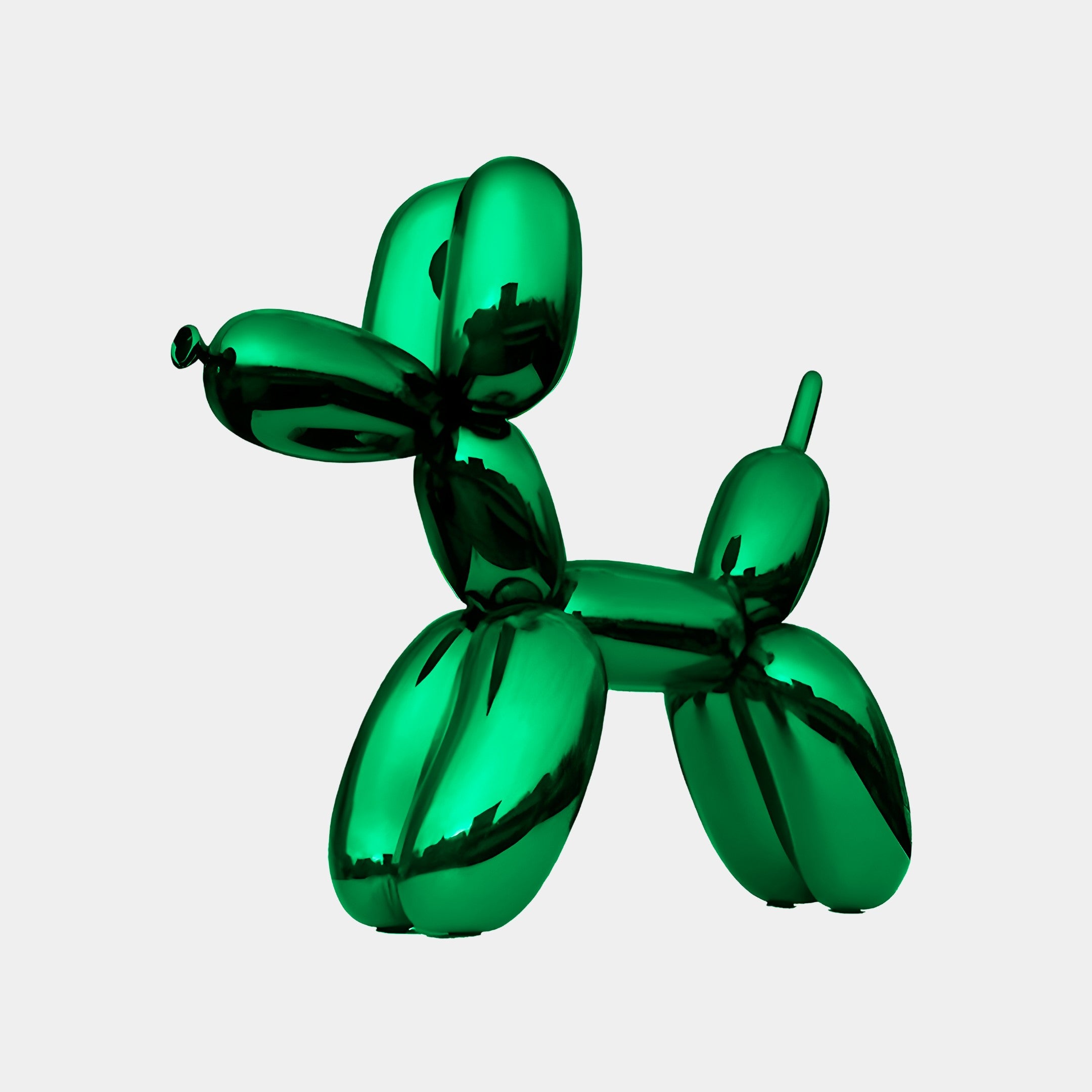 Shiny green dog sculpture with a smooth, reflective surface, posed in a playful standing position with its tail raised. The sculpture is 90cm in height and features rounded, modern design elements.