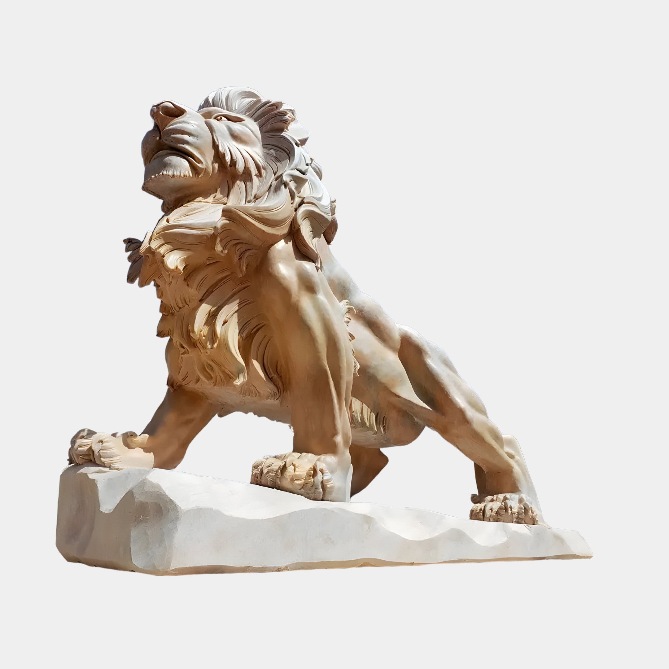 The Giant Lion Yellow Marble Outdoor Sculpture - Customised by Giant Sculptures stands majestically on a rectangular base, with its detailed mane flowing as it gazes upwards. The intricate carving highlights the lion's powerful form against a plain white background, showcasing expert craftsmanship.