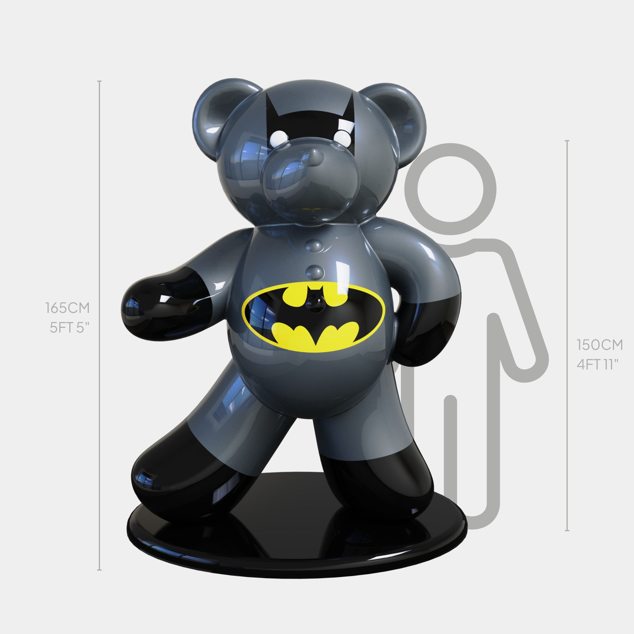 The Gacko Batman Bear Sculpture by Giant Sculptures is a limited-edition piece with a gray and black bear-shaped design. It stands 165 cm tall on a round base, towering over the gray silhouette of someone who is 150 cm for comparison.