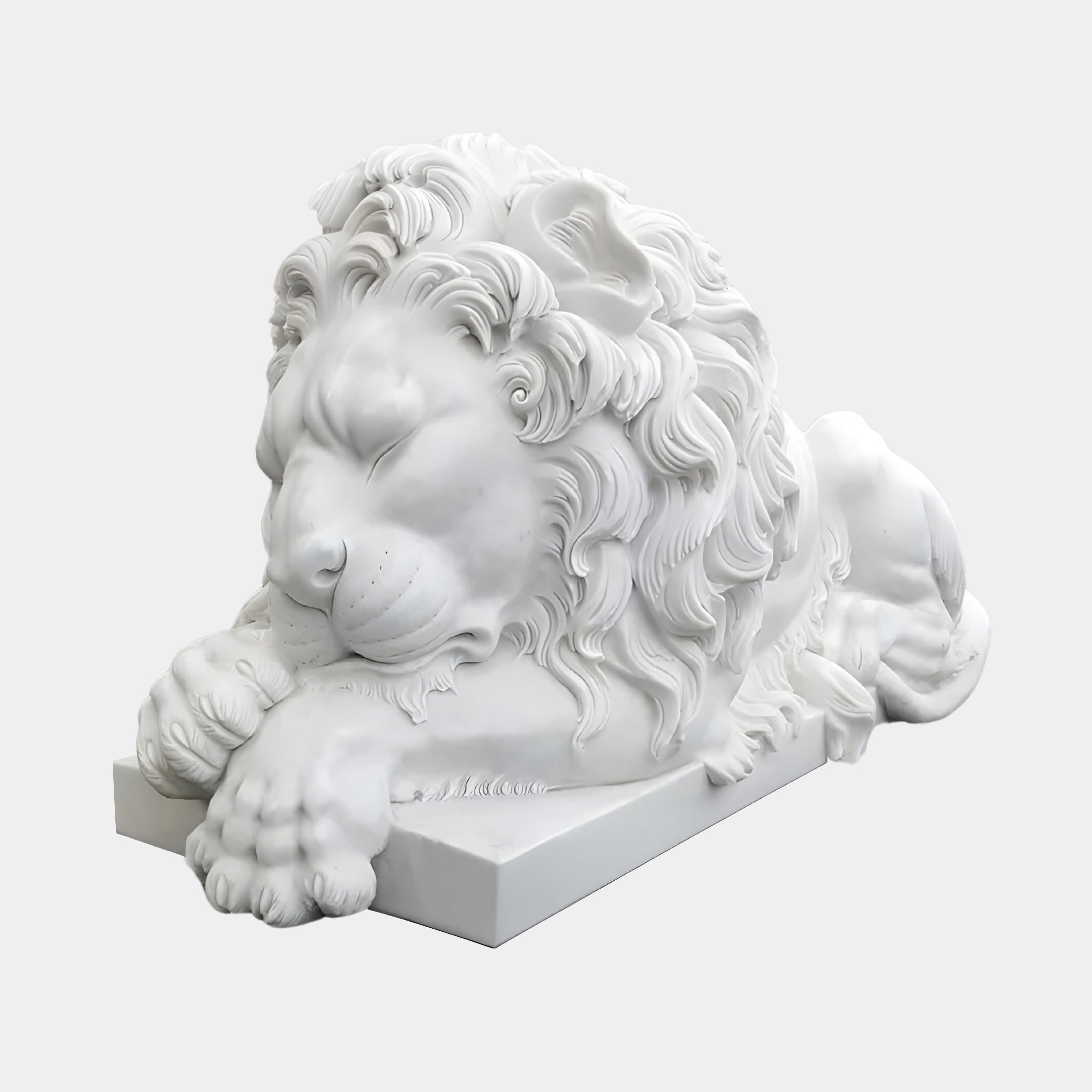 The Giant Sleeping Lion Marble Outdoor Sculpture by Giant Sculptures is a customized piece featuring a tranquil lion with closed eyes and its head resting on its paws. The intricately carved mane adds depth to this elegant artwork, making it ideal for garden decor. Set against a plain, light background, the sculpture epitomizes serenity.