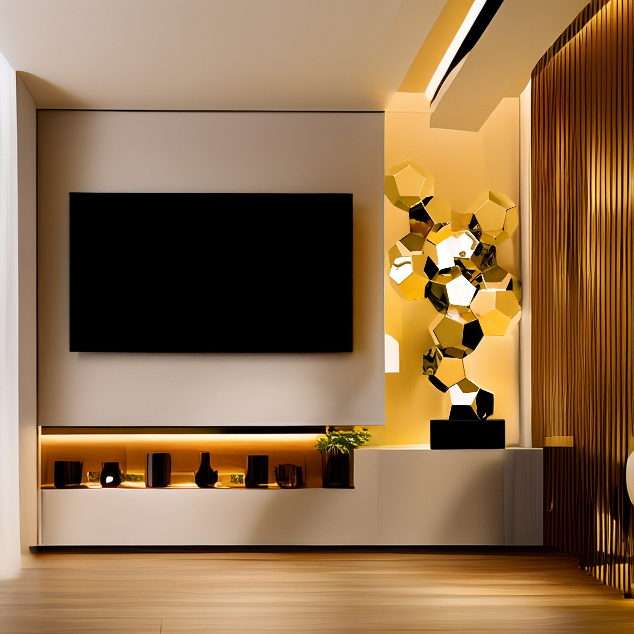 Modern living room features a wall-mounted flat-screen TV, the Dynamo Gold Geometric Steel Sculpture (104cm) by Giant Sculptures, and wooden accents. A shelf below holds decorative items and plants, with warm lighting creating a cozy atmosphere.