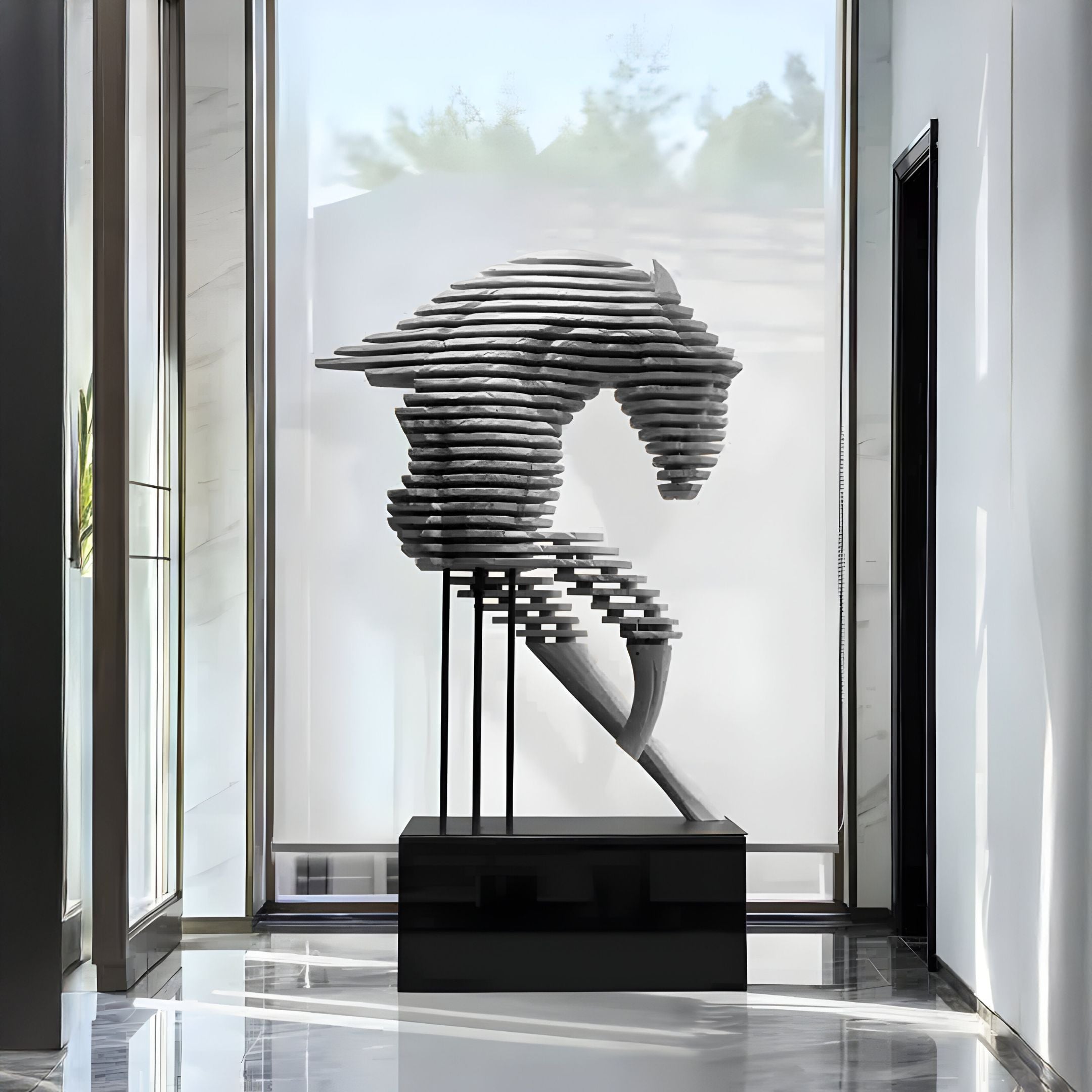 The Rising Stallion Silver Steel Horse Sculpture by Giant Sculptures, standing at 160cm, showcases a contemporary horses head silhouette formed by stacked horizontal layers. Its displayed in a bright, minimalist room with reflective marble flooring and a large window in the background.