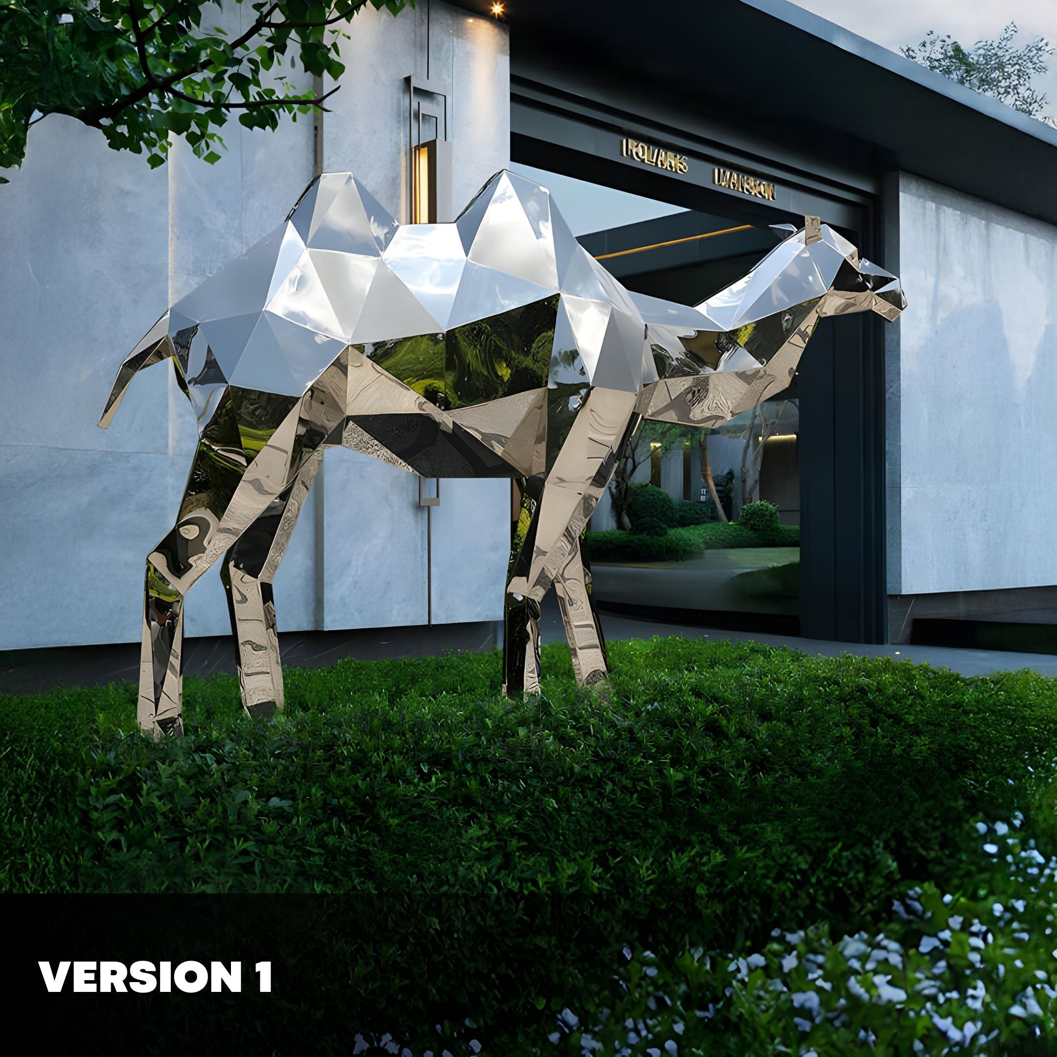 The Camel Geometric Steel Outdoor Sculpture (161/210cm) by Giant Sculptures is a reflective, angular stainless steel art piece among greenery in front of a sleek building with large glass doors, gleaming brilliantly in natural light.