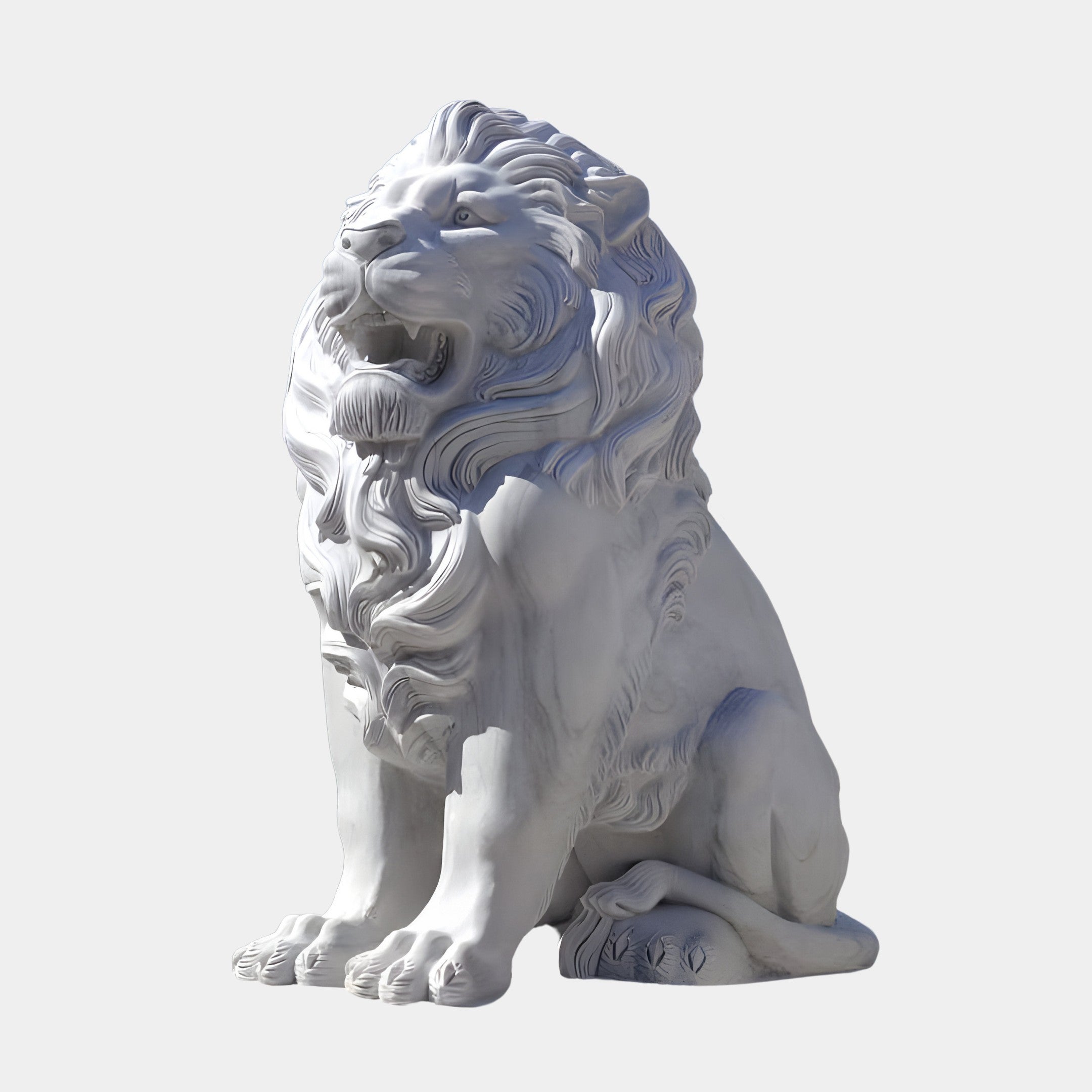 The Giant Lion Marble Outdoor Sculpture - Customised by Giant Sculptures is a detailed and adjustable marble piece depicting a seated lion with a majestic mane. This outdoor masterpiece perfectly captures the powerful and regal presence of the lion against a plain backdrop.