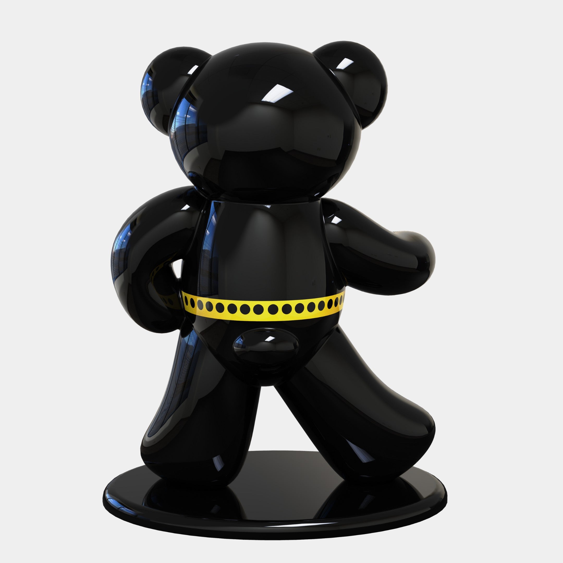 The Gacko Versace Bear Sculpture by Giant Sculptures is a glossy black bear with a yellow and black polka-dotted band, reminiscent of Pop Art. It stands elegantly on a round base, adding whimsical luxury to interiors.