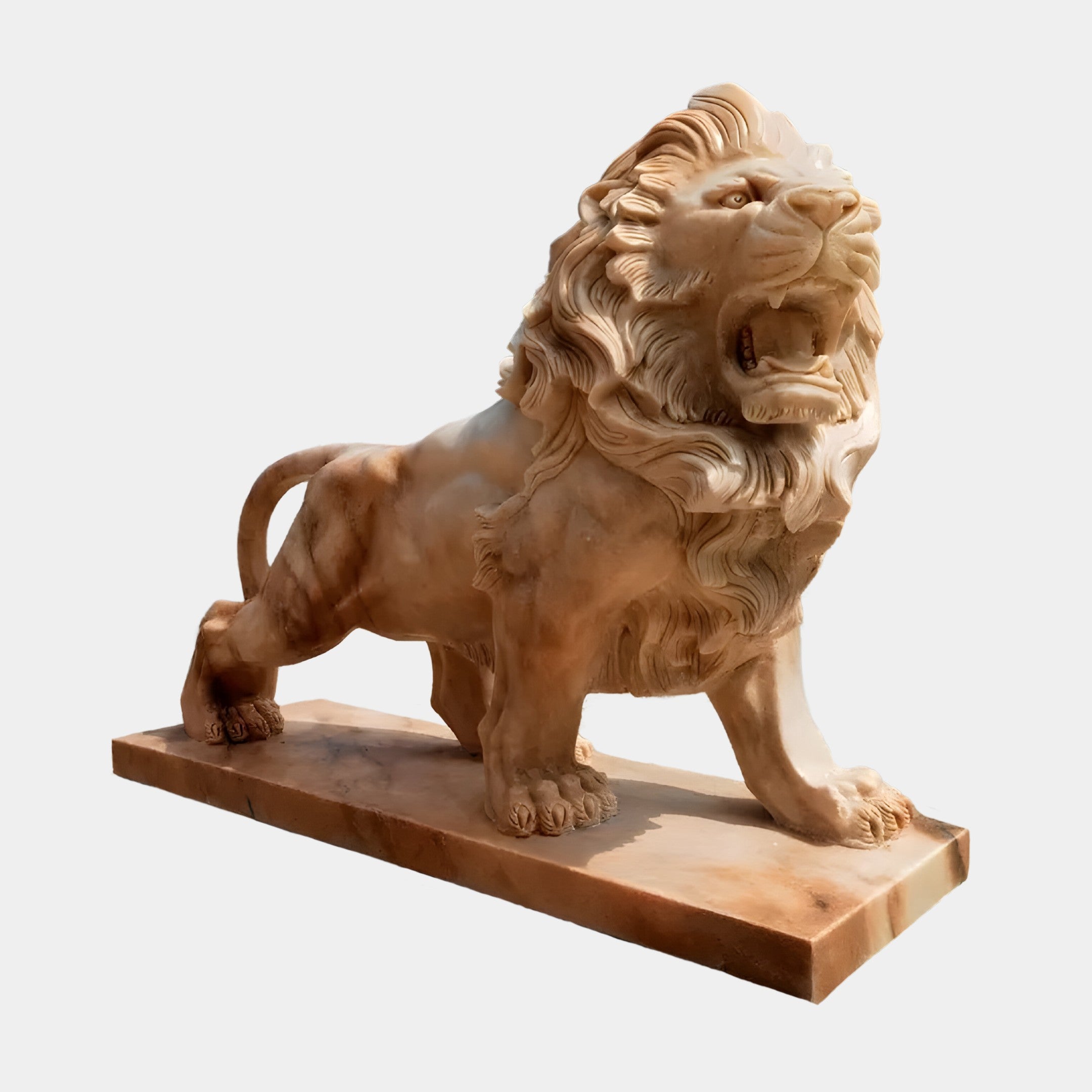 Introducing the Giant Lion II Yellow Marble Outdoor Sculpture - Customized by Giant Sculptures, a majestic masterpiece featuring a handcrafted marble lion with an intricately detailed mane. This luxury décor piece captures the lion's power and grace, showcasing its muscular form as it roars atop a rectangular base. Tailor this exquisite sculpture to seamlessly match your unique style.