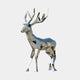 Stainless steel deer sculpture with geometric polygonal shapes, standing in a garden setting.