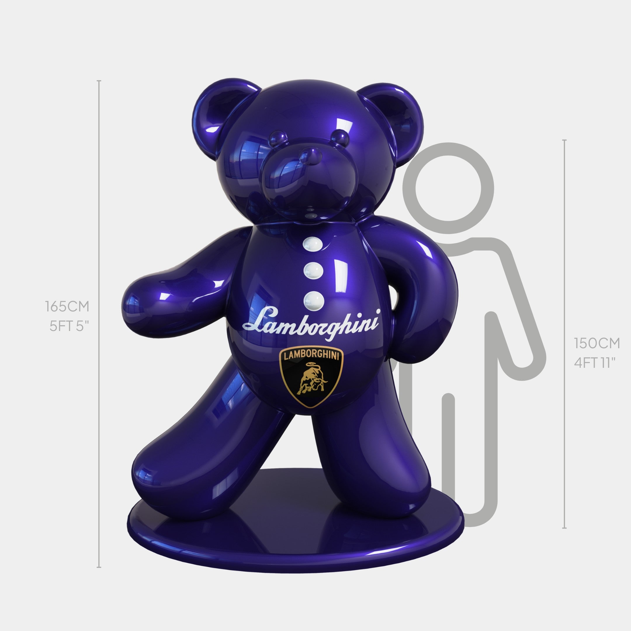 The Gacko Purple Lamborghini Bear Sculpture by Giant Sculptures stands at 165 cm (5 ft 5 in) in a shiny purple hue, featuring a Lamborghini logo in Pop Art style.