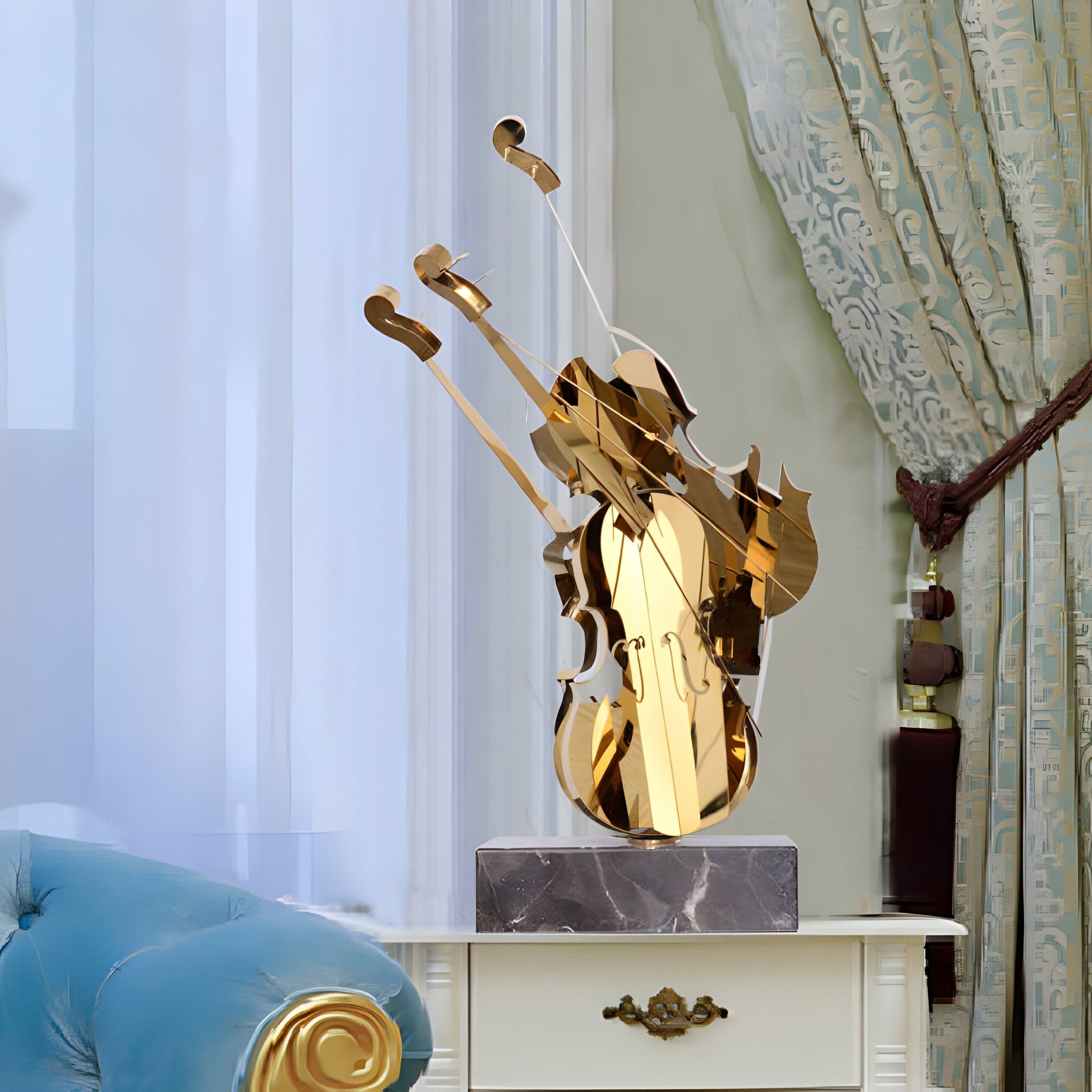 The Harmonic Gold Violin Steel Sculpture by Giant Sculptures, standing 80cm tall, sits elegantly on a marble base atop a white side table. Its positioned next to a blue sofa and framed by ornate patterned drapes with sheer white curtains behind.