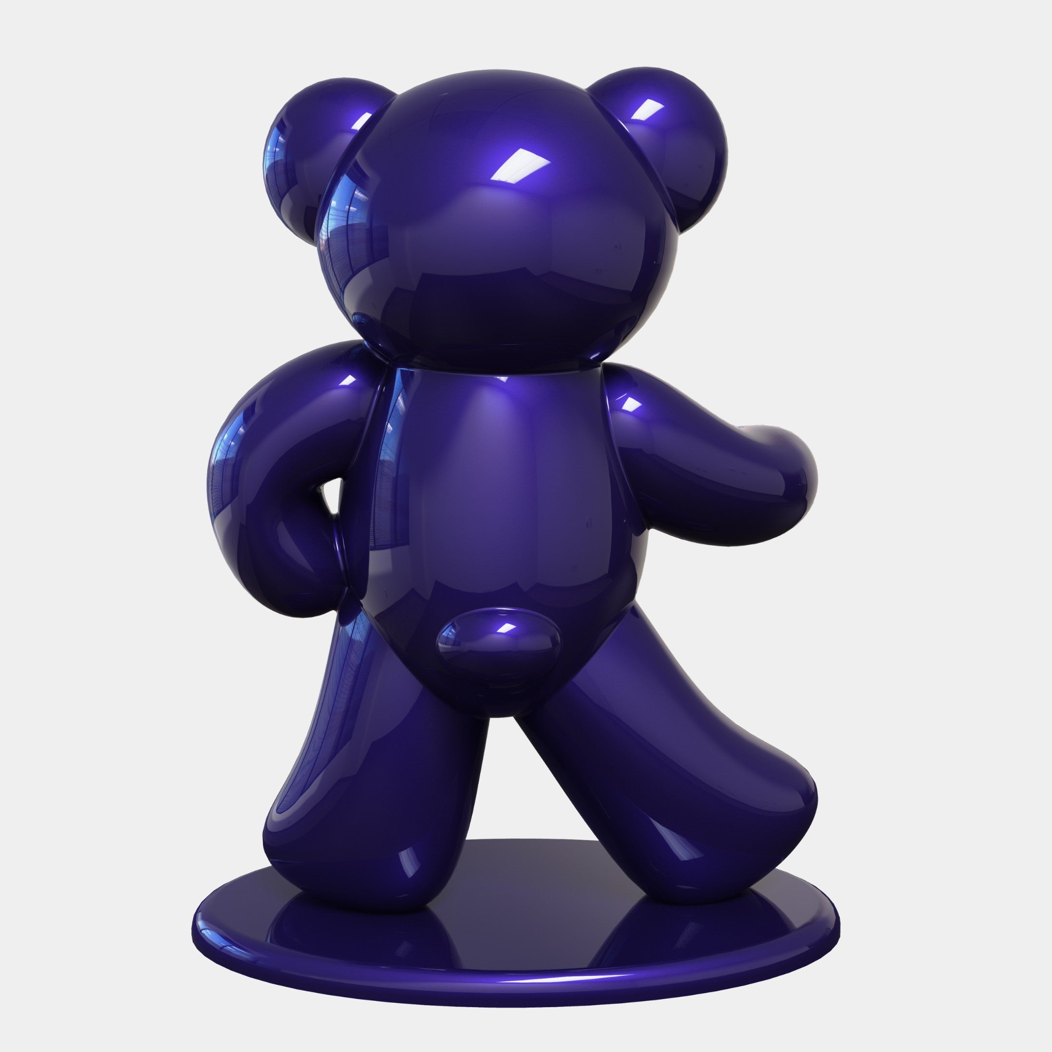 The Gacko Purple Lamborghini Bear Sculpture by Giant Sculptures stands at 165cm, featuring a glossy, dark purple bear shape on a round base with stylized, rounded forms and simple features. Its gleaming surface enhances the playful Pop Art-influenced design.