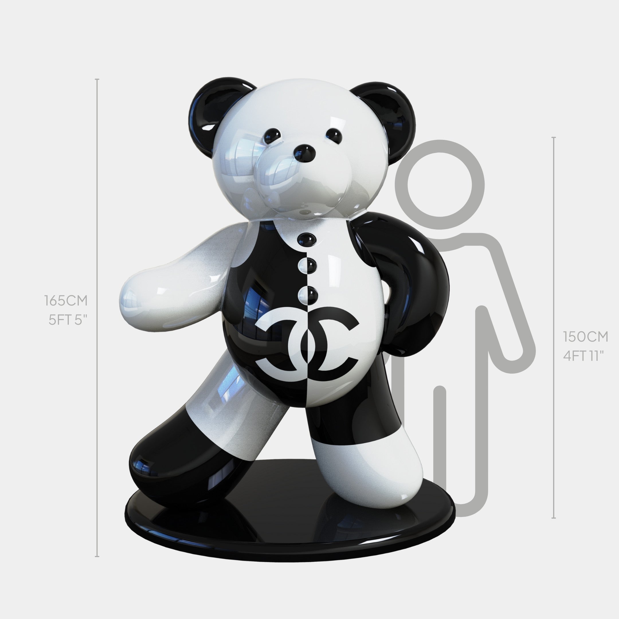 The Gacko Channel Bear Sculpture by Giant Sculptures is a glossy black and white pop art bear with interlocking C logos on its chest, standing 165 cm tall. Its accompanied by a gray figure outline measuring 150 cm for scale.