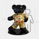 The Gacko Gucci Bear Sculpture by Giant Sculptures stands 165 cm tall. The glossy black bear statue wears a beige outfit with a GG pattern and colorful stripes, set on a black base, with a gray silhouette and height markings behind it.