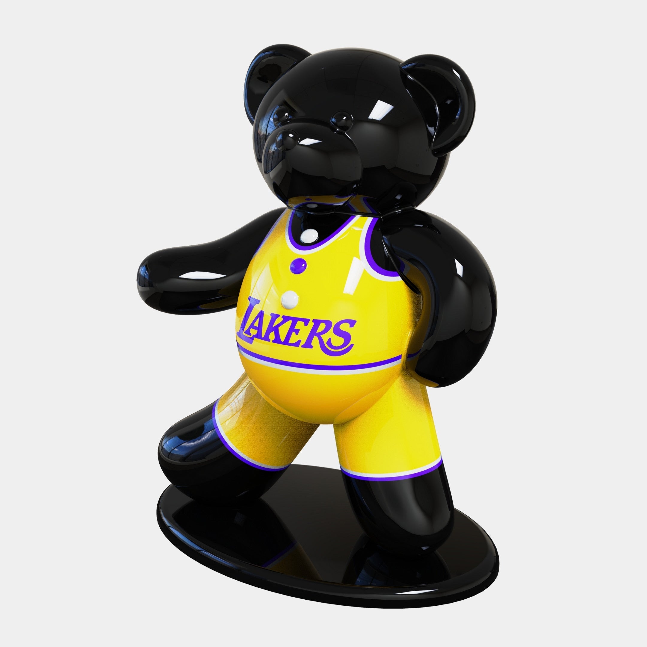 Introducing the limited-edition Gacko Lakers Bear Sculpture by Giant Sculptures, a glossy black 165cm bear donning a yellow and purple Lakers jersey. It strikes a dynamic pose on its matching black oval base, blending sporty flair with contemporary art elegance.